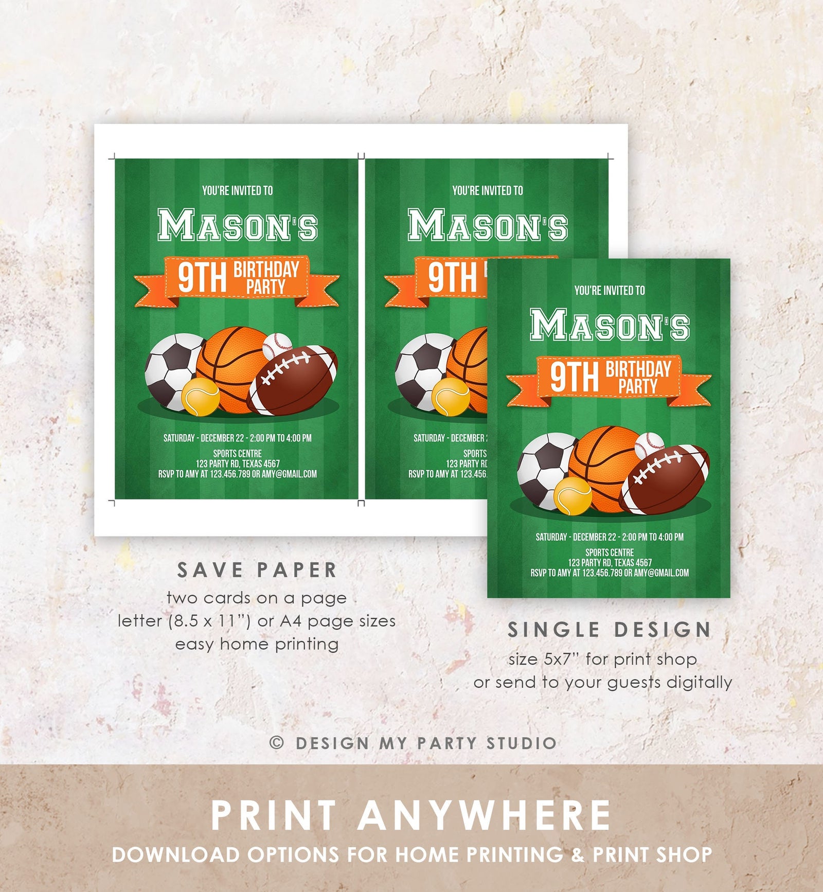 Editable Sports Birthday Invitation Boy Birthday Party Sport Football Baseball Basketball Soccer Tennis Corjl Template Printable 0137