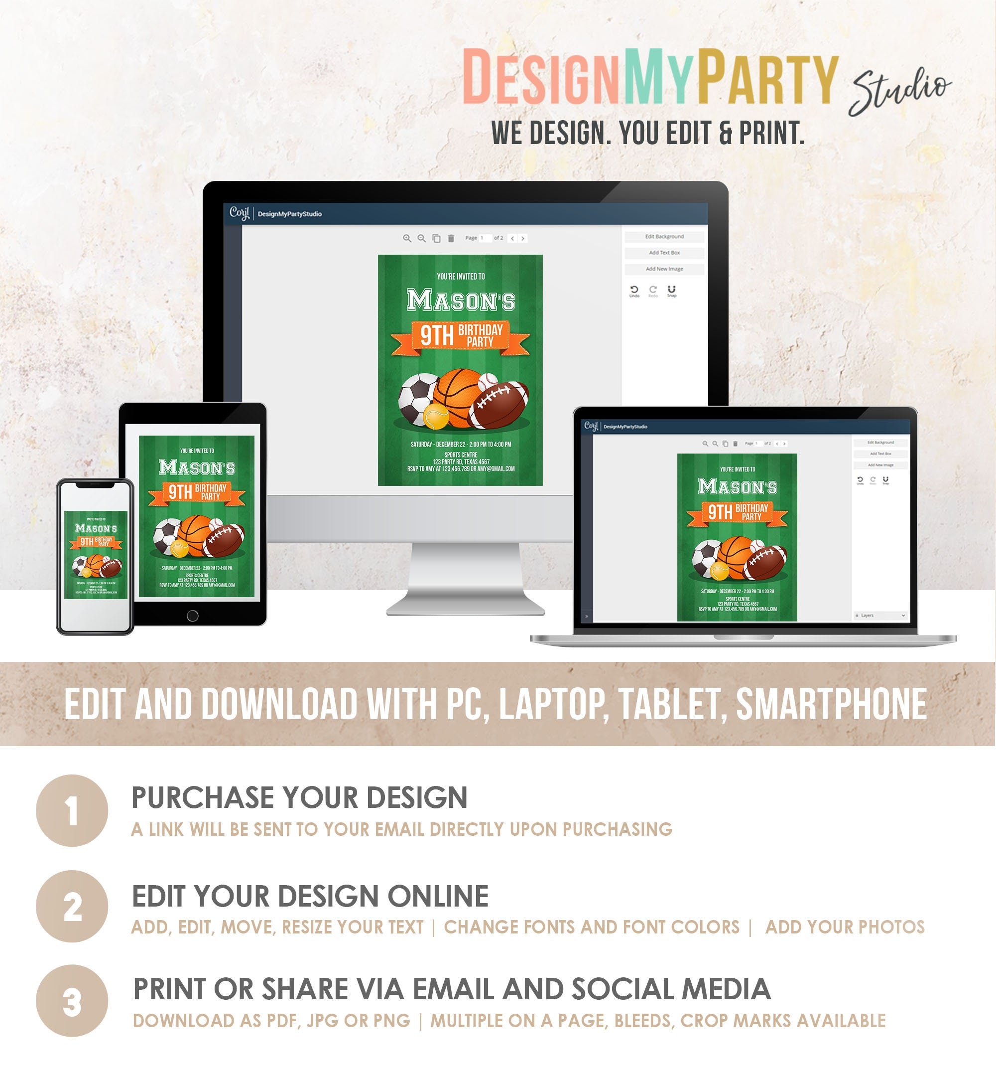 Editable Sports Birthday Invitation Boy Birthday Party Sport Football Baseball Basketball Soccer Tennis Corjl Template Printable 0137