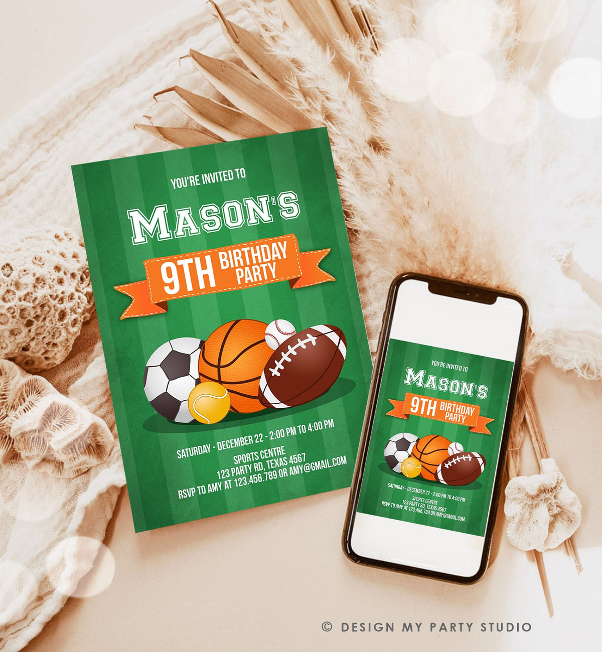 Editable Sports Birthday Invitation Boy Birthday Party Sport Football Baseball Basketball Soccer Tennis Corjl Template Printable 0137