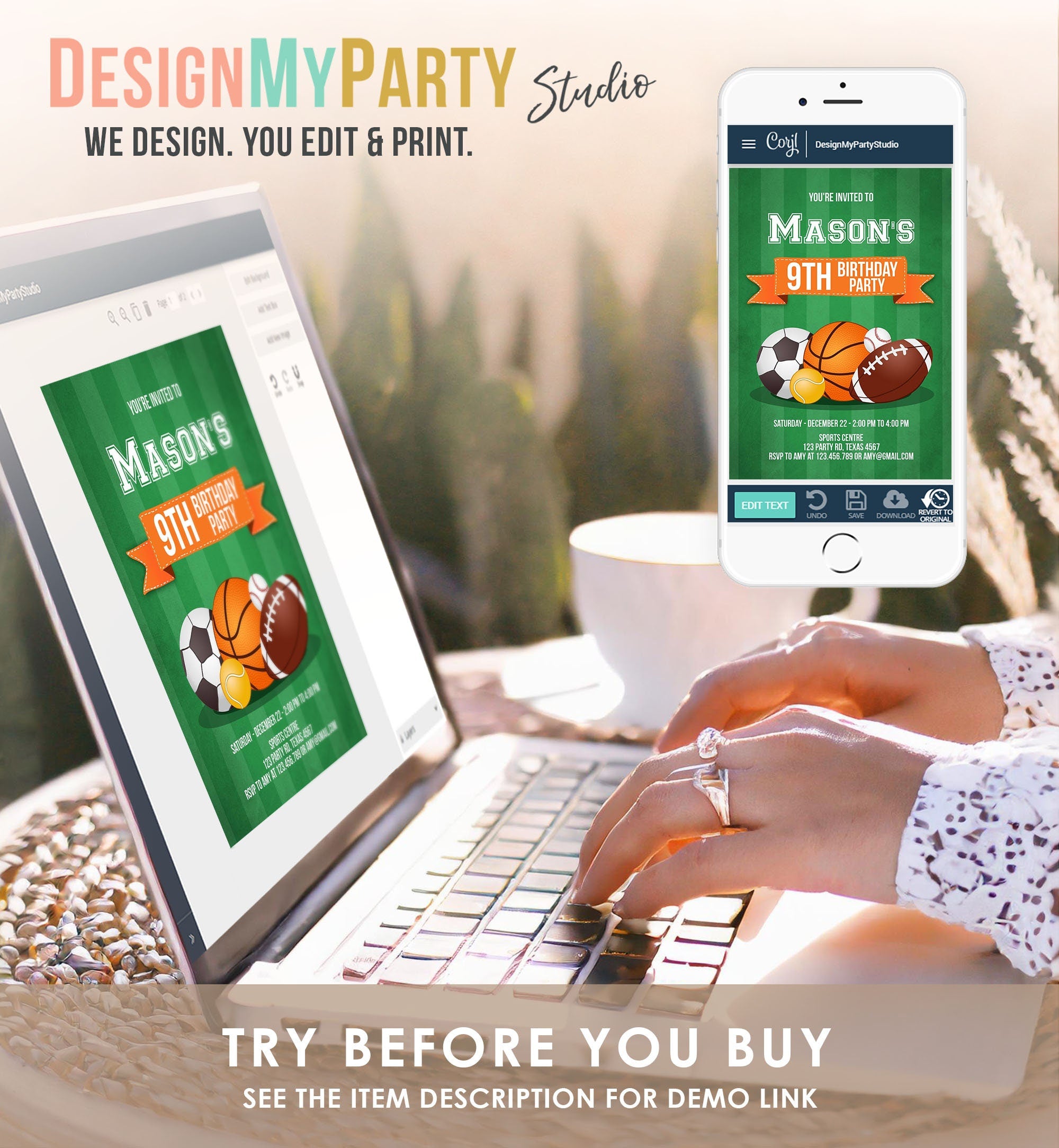 Editable Sports Birthday Invitation Boy Birthday Party Sport Football Baseball Basketball Soccer Tennis Corjl Template Printable 0137