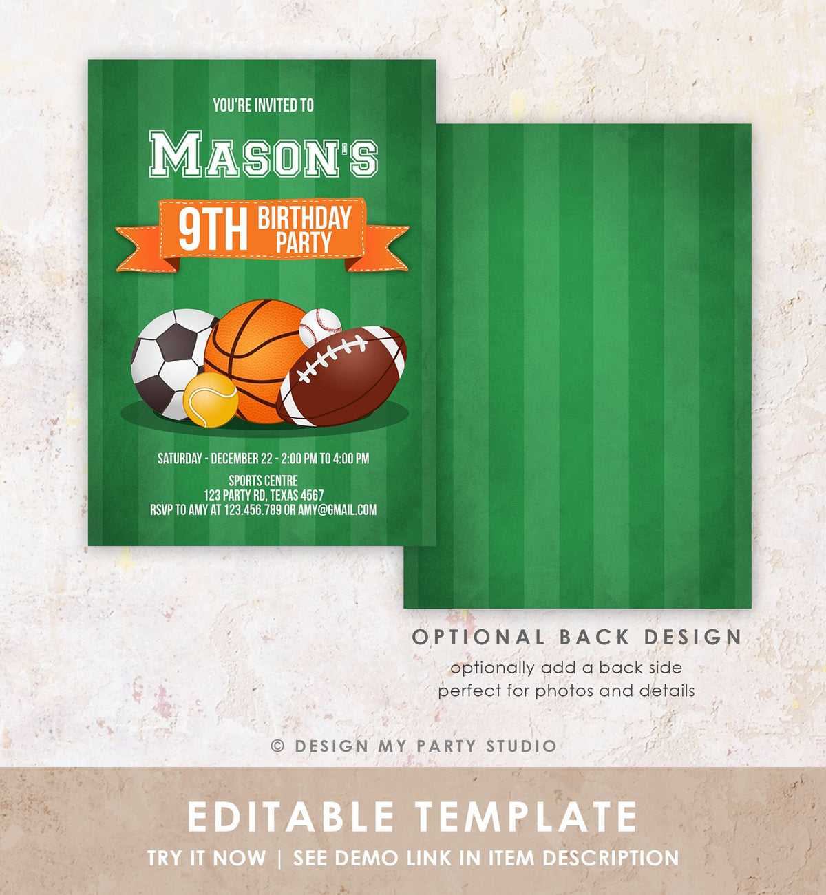 Editable Sports Birthday Invitation Boy Birthday Party Sport Football Baseball Basketball Soccer Tennis Corjl Template Printable 0137
