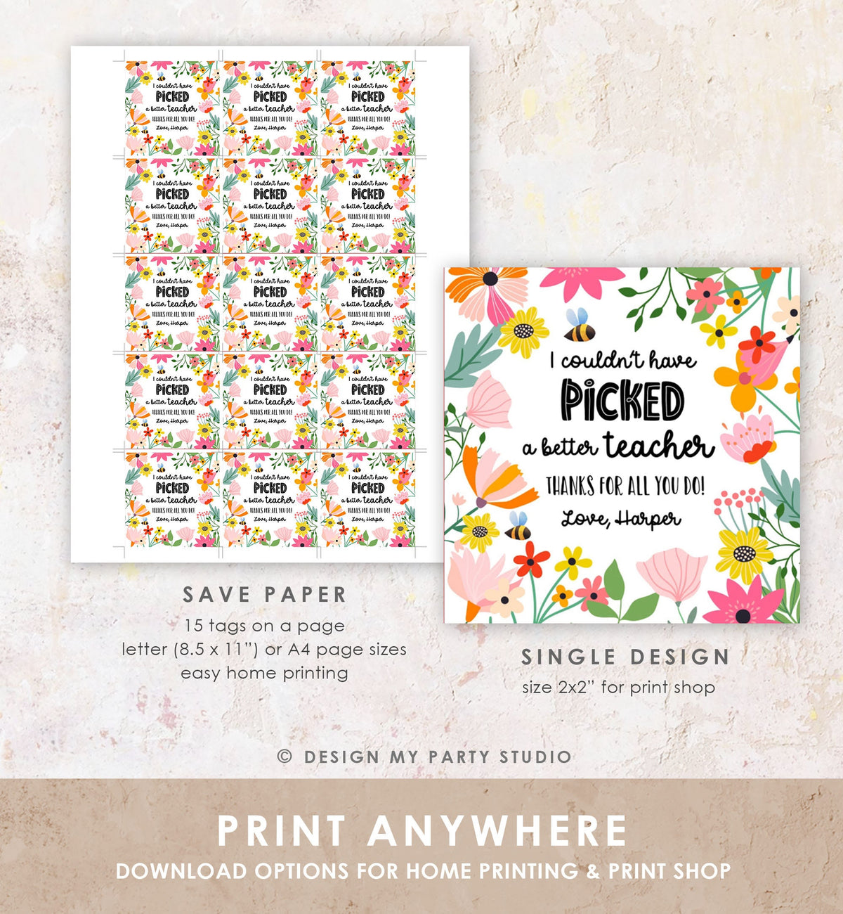 Editable Teacher Appreciation Tag Thank You Couldn&#39;t Have Picked a Better Teacher Flower Gift Tag Plant Tag Digital Template Printable 0464