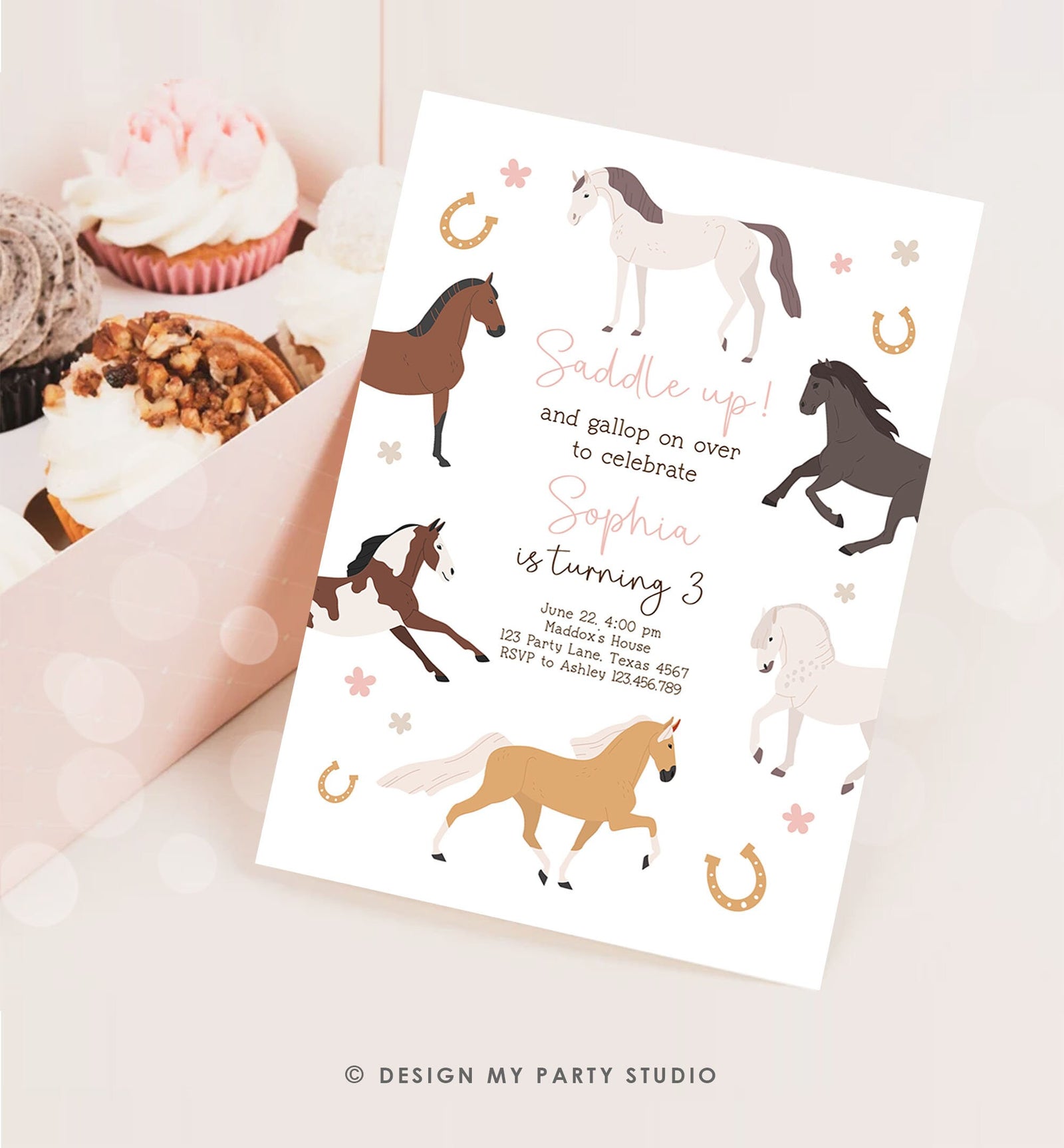 Editable Horse Birthday Invitation Girl Saddle Up Cowgirl Horse Party Horse Invite Pink Pony Floral Download Printable Template Evite 0513