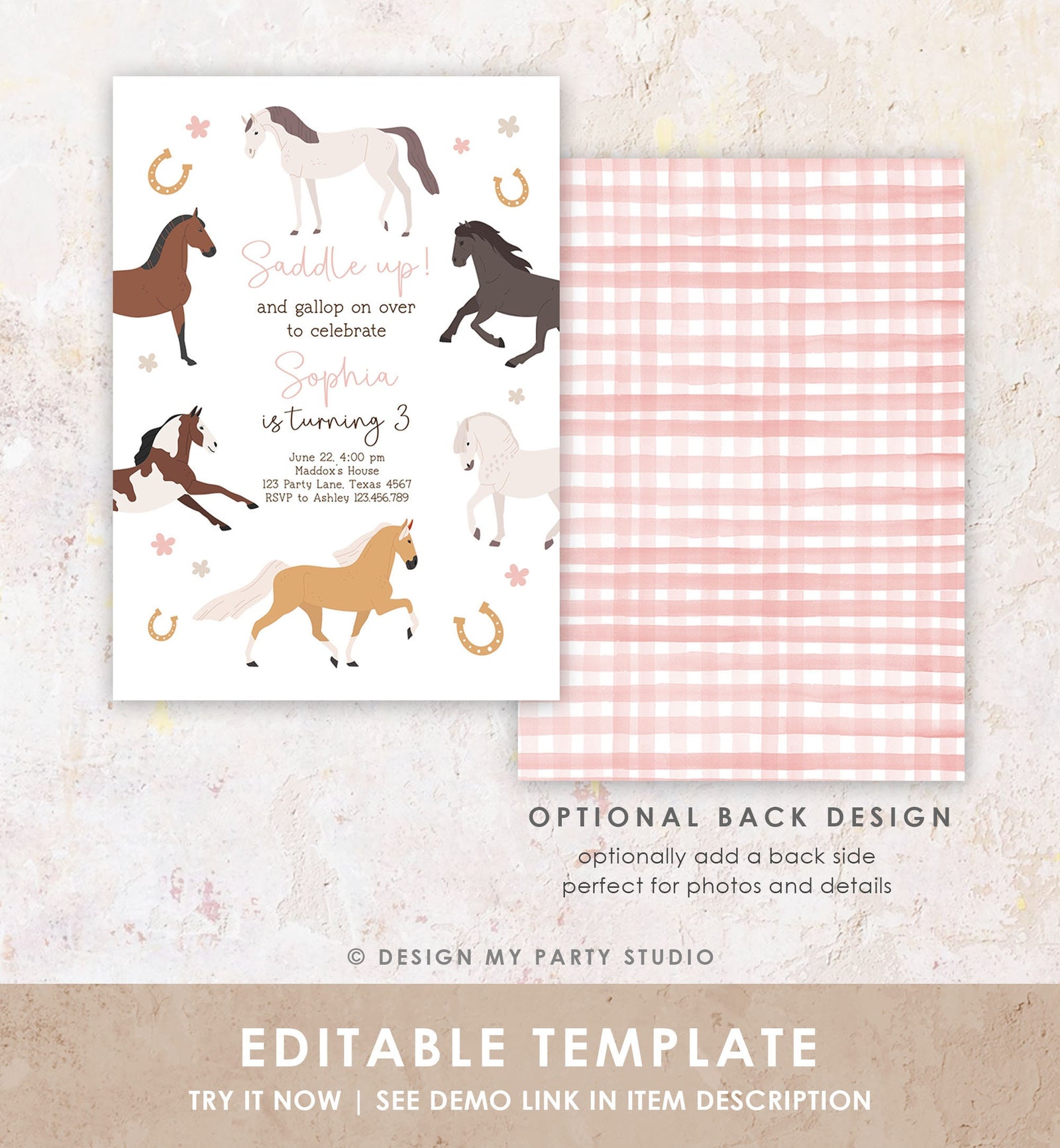 Editable Horse Birthday Invitation Girl Saddle Up Cowgirl Horse Party Horse Invite Pink Pony Floral Download Printable Template Evite 0513
