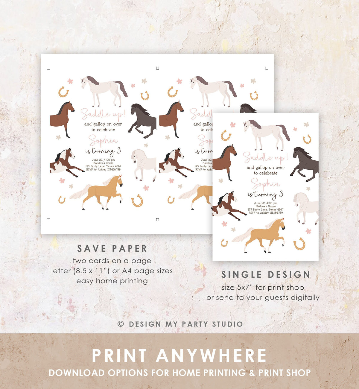 Editable Horse Birthday Invitation Girl Saddle Up Cowgirl Horse Party Horse Invite Pink Pony Floral Download Printable Template Evite 0513