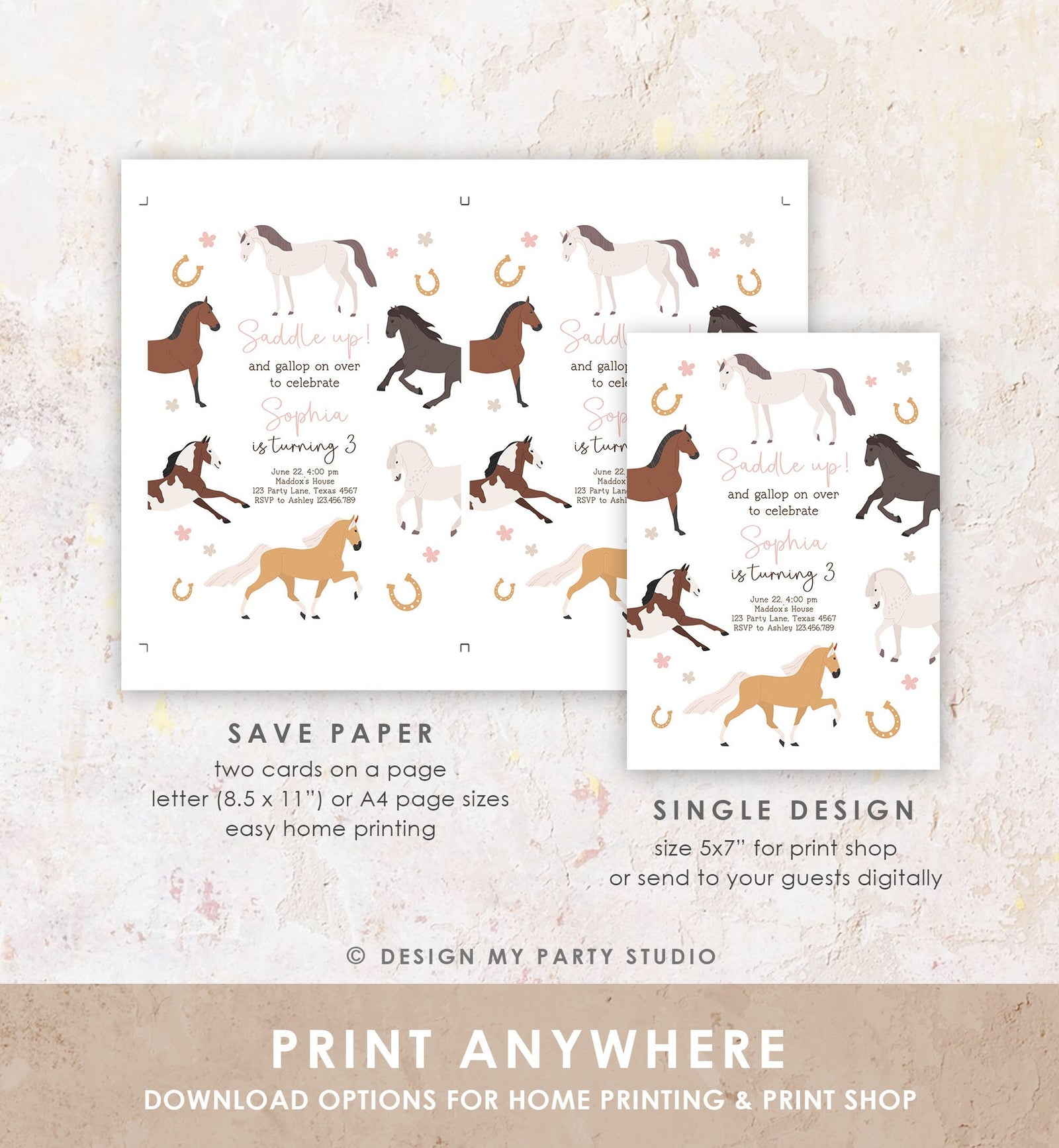 Editable Horse Birthday Invitation Girl Saddle Up Cowgirl Horse Party Horse Invite Pink Pony Floral Download Printable Template Evite 0513