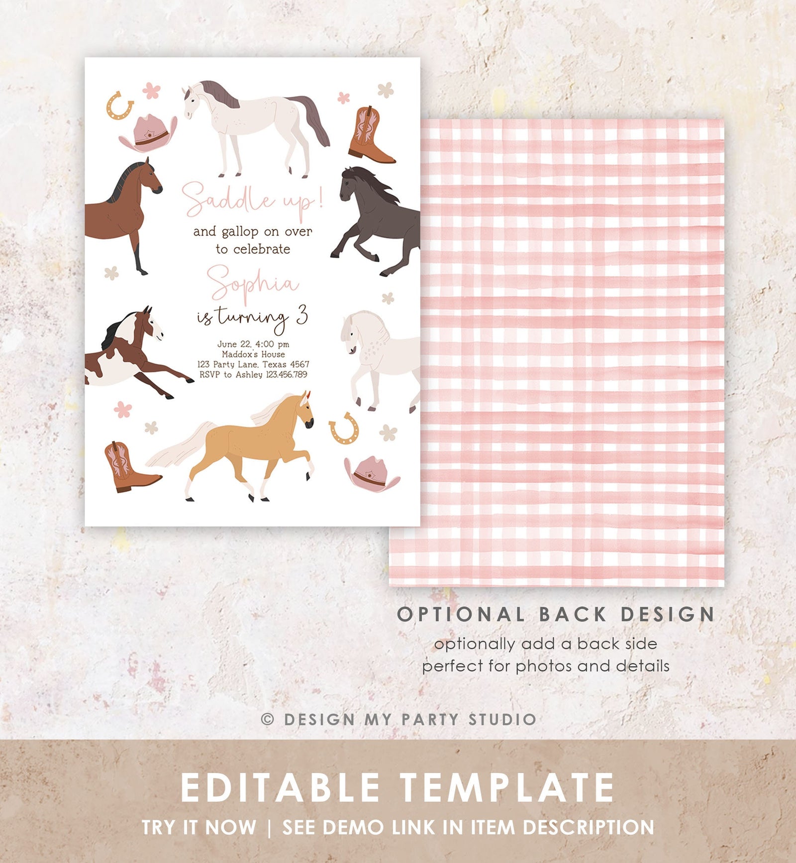 Editable Horse Birthday Invitation Girl Saddle Up Cowgirl Horse Party Horse Invite Pink Pony Floral Digital Download Template Printable 0513