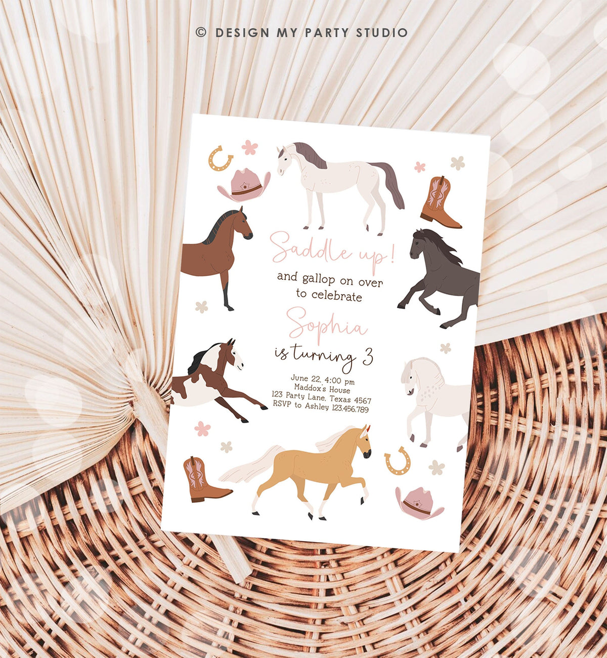 Editable Horse Birthday Invitation Girl Saddle Up Cowgirl Horse Party Horse Invite Pink Pony Floral Digital Download Template Printable 0513