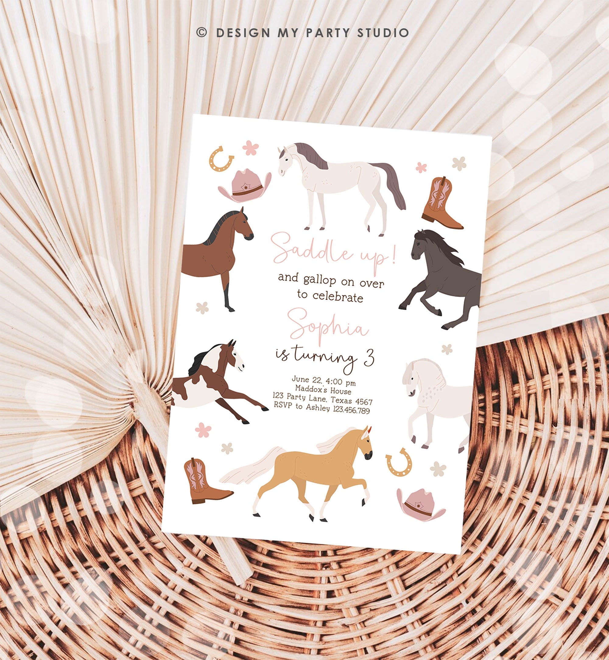 Editable Horse Birthday Invitation Girl Saddle Up Cowgirl Horse Party Horse Invite Pink Pony Floral Digital Download Template Printable 0513