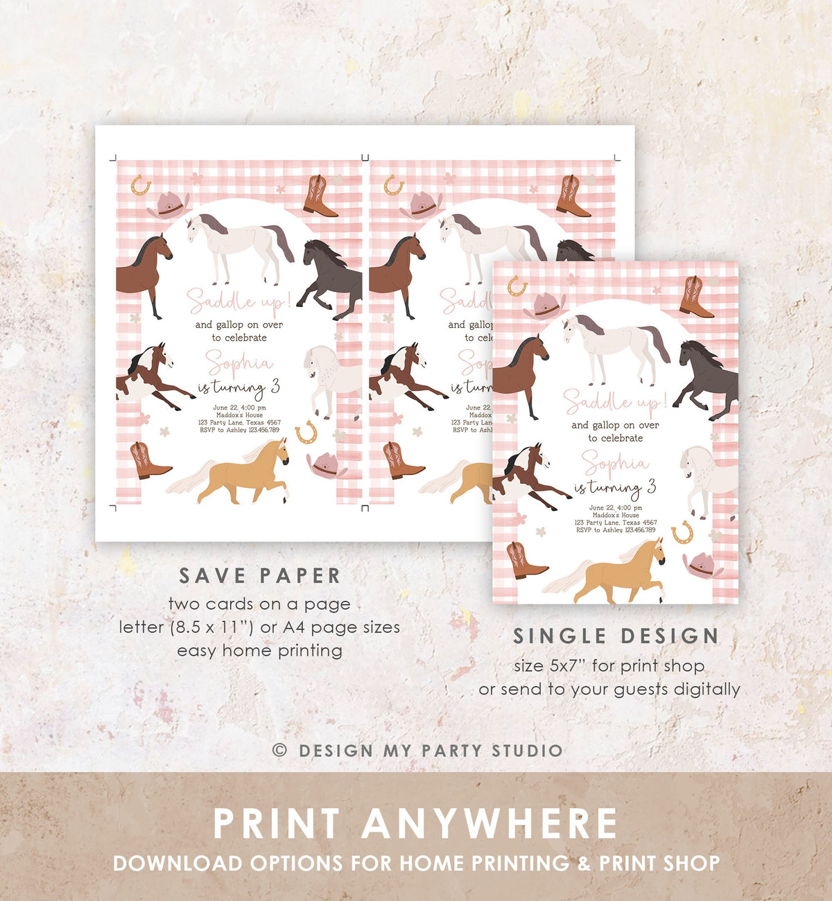 Editable Horse Birthday Invitation Girl Saddle Up Cowgirl Horse Party Horse Invite Pink Pony Floral Download Printable Template Corjl 0513