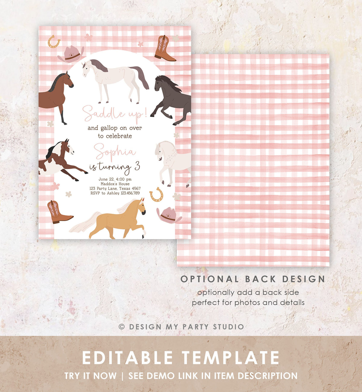 Editable Horse Birthday Invitation Girl Saddle Up Cowgirl Horse Party Horse Invite Pink Pony Floral Download Printable Template Corjl 0513