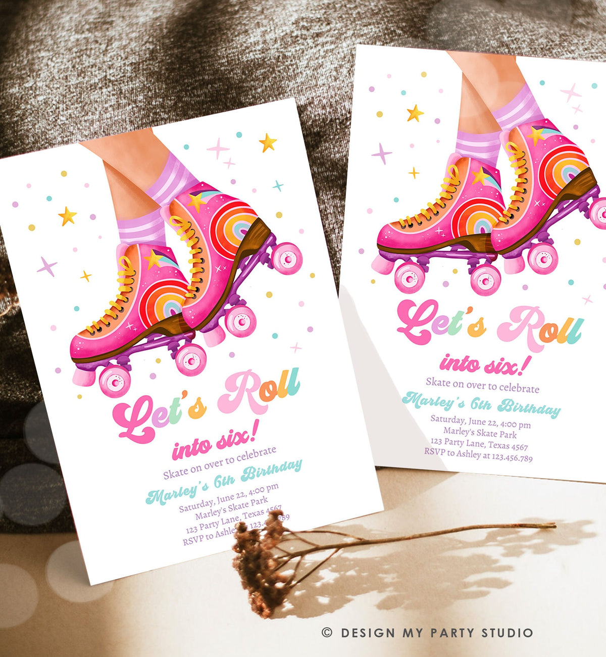 Editable Roller Skate Birthday Party Invitation Let&#39;s Roll Skating Kids Rainbow Rollerblade Rink Digital Download Template Printable 0514