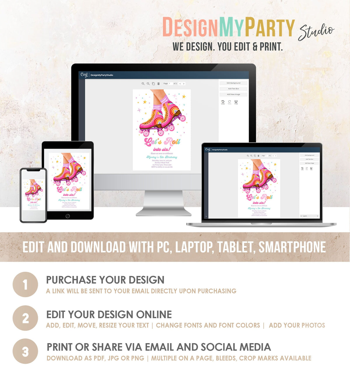 Editable Roller Skate Birthday Party Invitation Let&#39;s Roll Skating Kids Rainbow Rollerblade Rink Digital Download Template Printable 0514