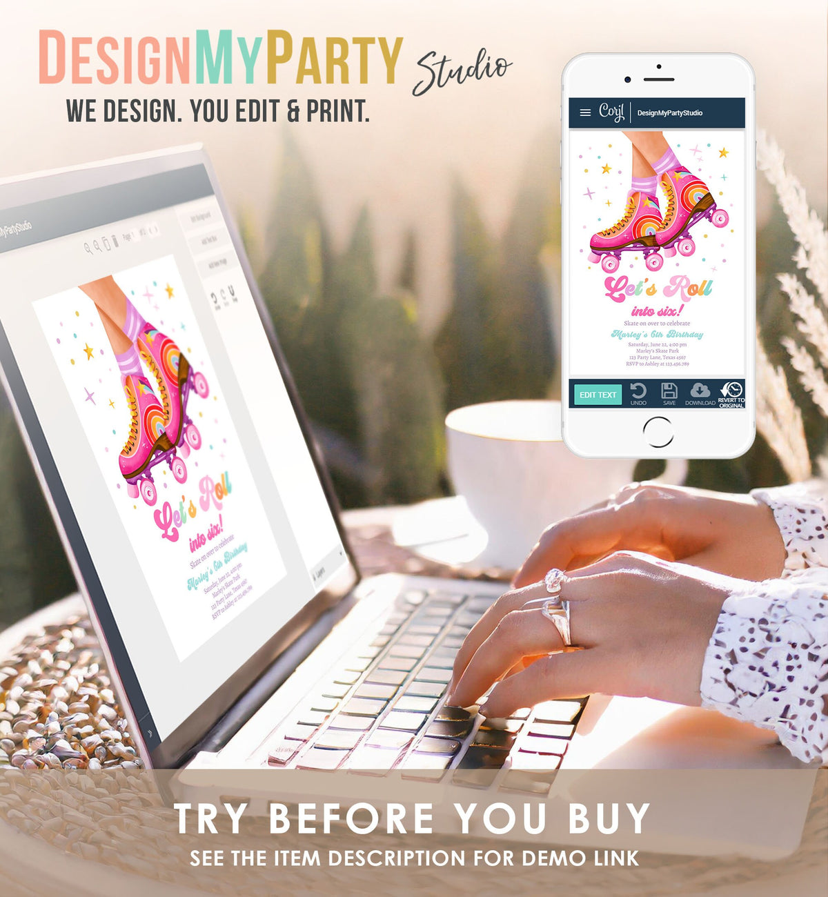 Editable Roller Skate Birthday Party Invitation Let&#39;s Roll Skating Kids Rainbow Rollerblade Rink Digital Download Template Printable 0514