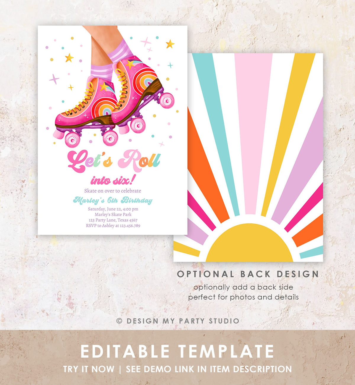 Editable Roller Skate Birthday Party Invitation Let&#39;s Roll Skating Kids Rainbow Rollerblade Rink Digital Download Template Printable 0514