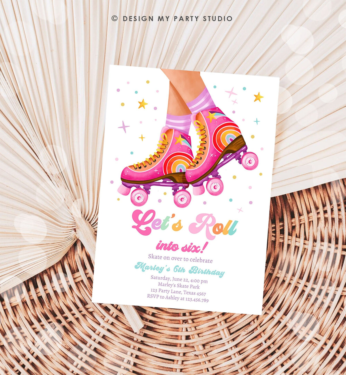 Editable Roller Skate Birthday Party Invitation Let&#39;s Roll Skating Kids Rainbow Rollerblade Rink Digital Download Template Printable 0514