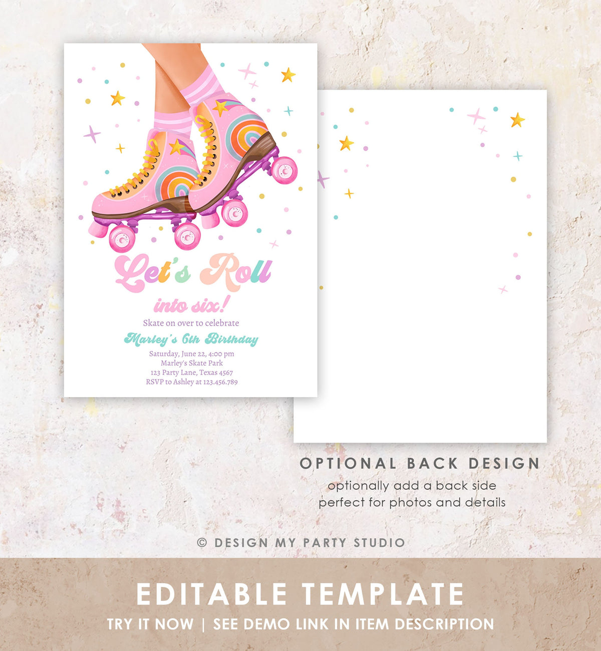 Editable Roller Skate Birthday Party Invitation Let&#39;s Roll Skating Kids Rainbow Rollerblade Pink Digital Download Template Printable 0514
