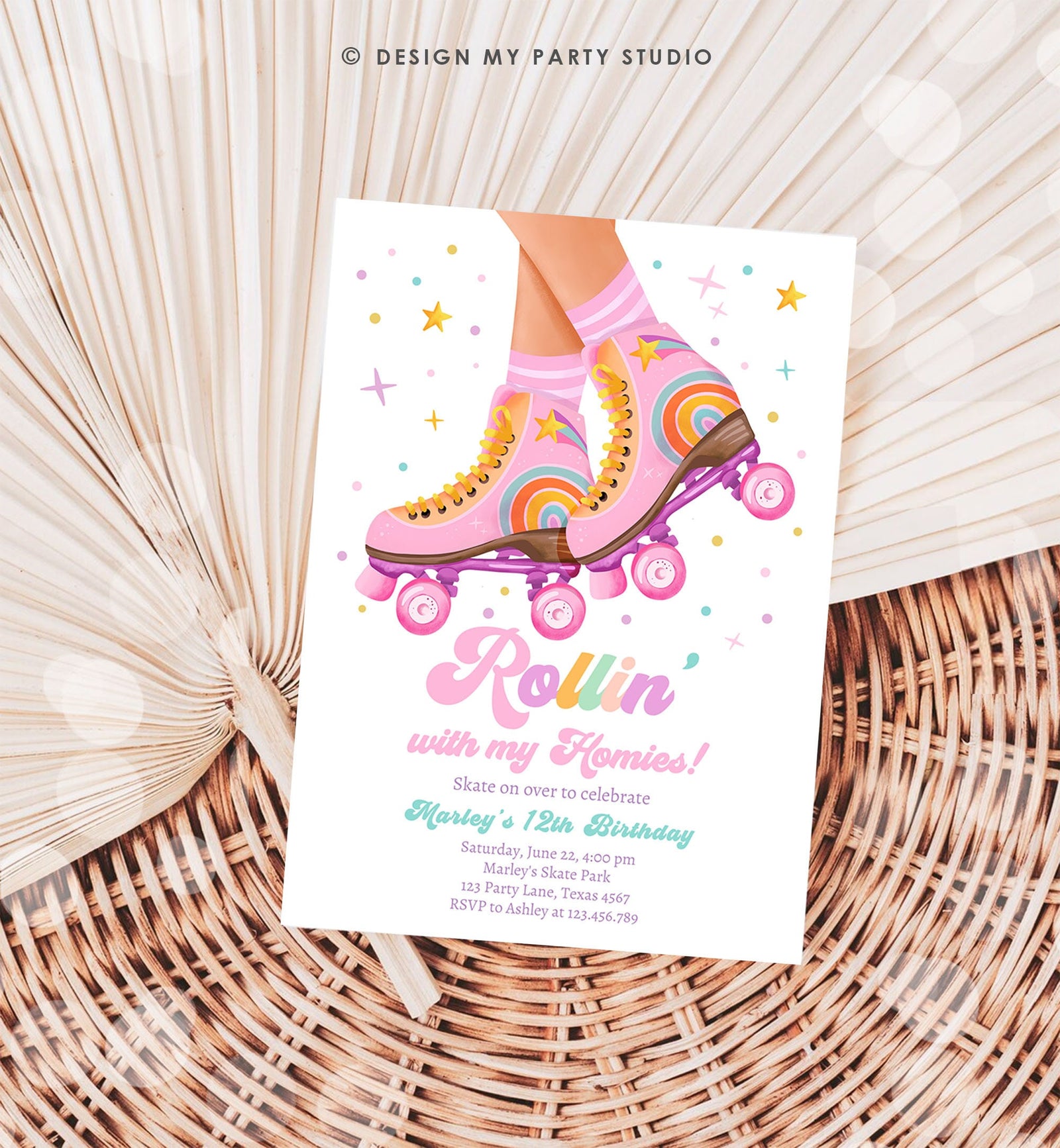 Editable Retro Roller Skate Birthday Party Invitation Rollin' With My Homies Skating 70's Skate Invite Download Template Evite Digital 0514