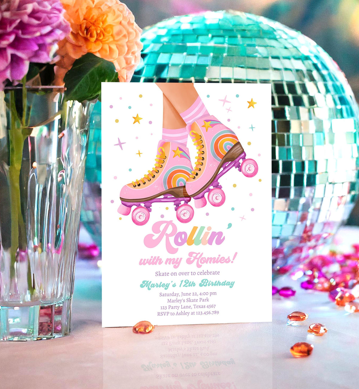 Editable Retro Roller Skate Birthday Party Invitation Rollin&#39; With My Homies Skating 70&#39;s Skate Invite Download Template Evite Digital 0514