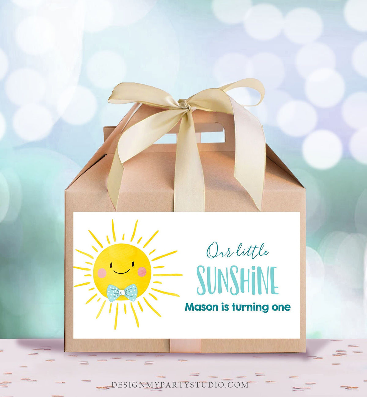 Editable Sunshine Boy Birthday Party Gable Box Favor Label Boho Sun Gift Box Labels Sun First Trip Digital Download Template Printable 0141