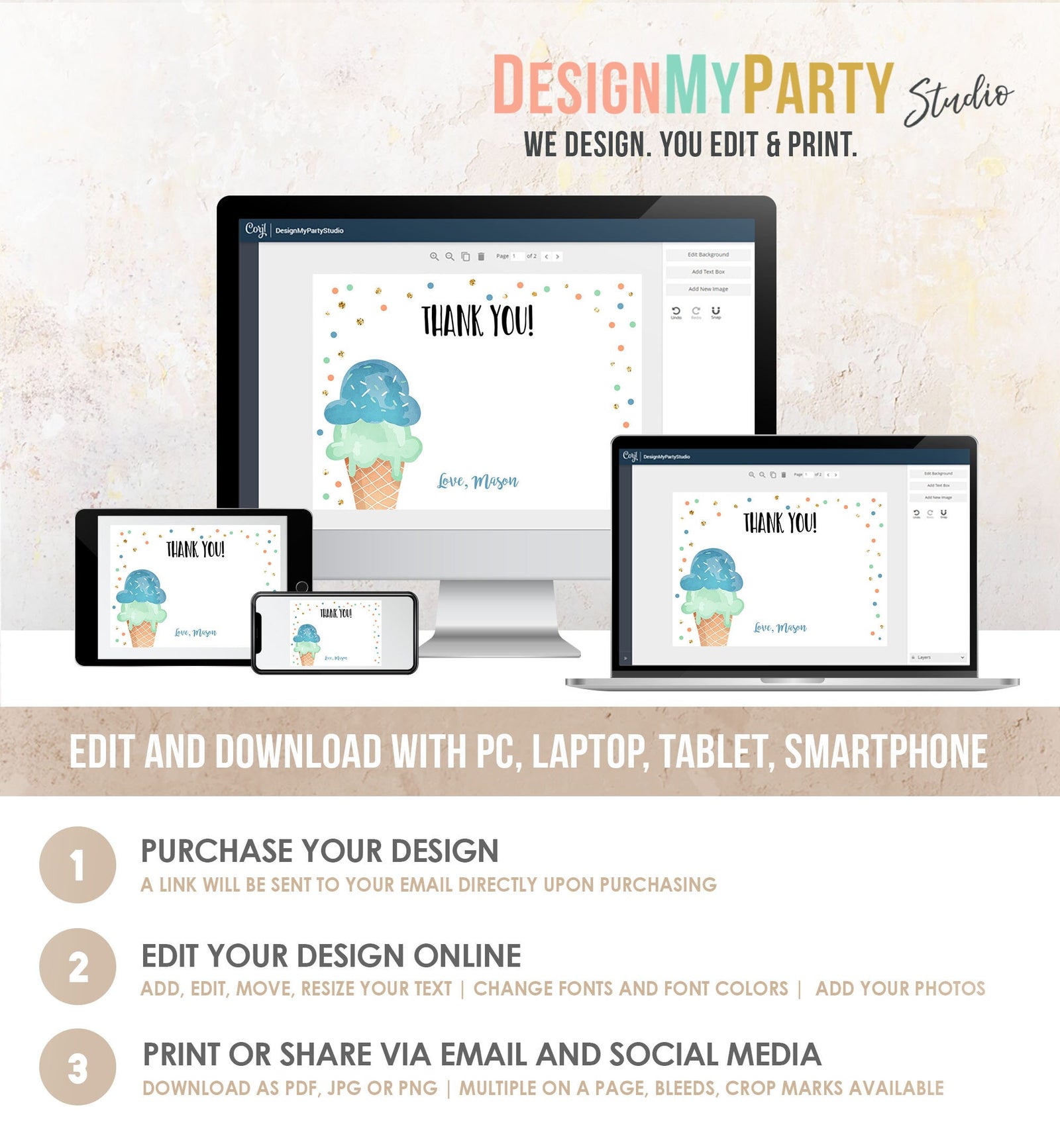 Editable Ice Cream Thank You Card Ice Cream Birthday Thank You Note Boy Birthday Summer Digital Download Template Printable 0243