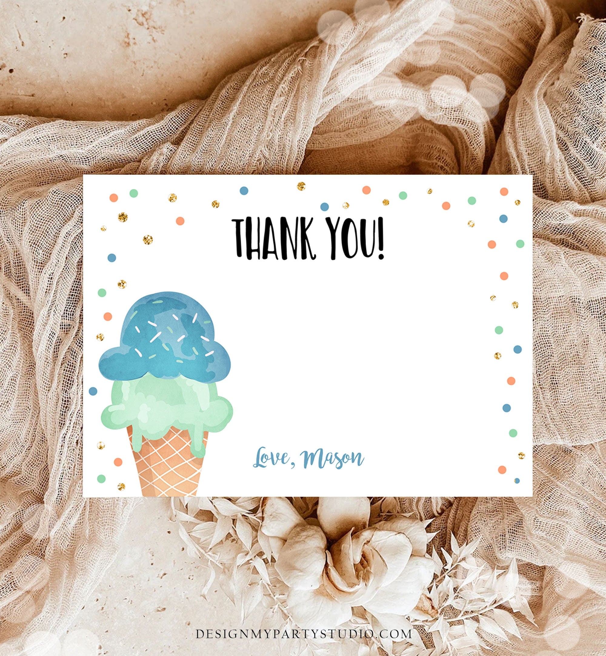 Editable Ice Cream Thank You Card Ice Cream Birthday Thank You Note Boy Birthday Summer Digital Download Template Printable 0243