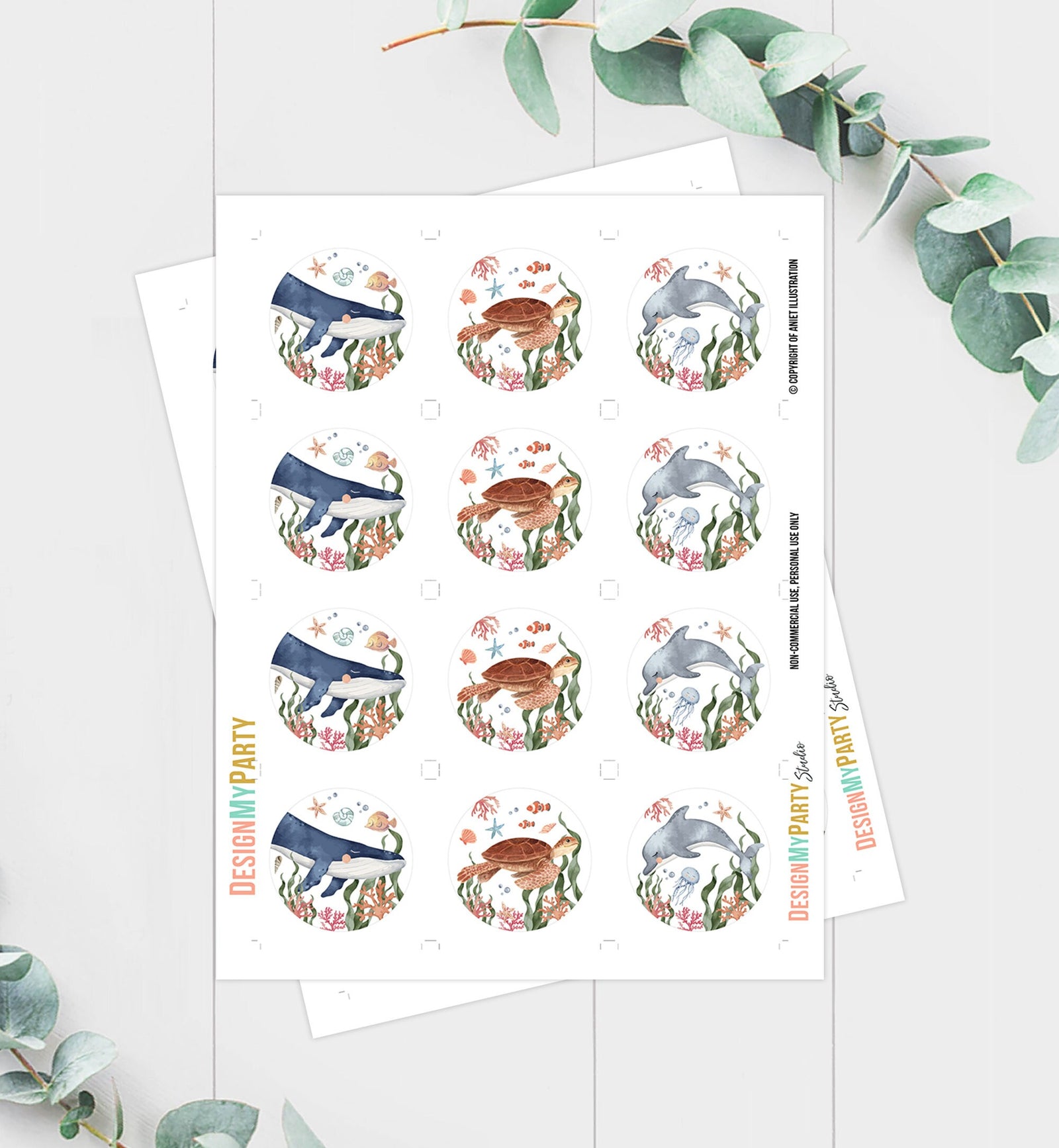 Under the Sea Birthday Party Cupcake Toppers Whale Turtle Dolphin Jellyfish Sea Life Birthday Party Cake Topper Decor Digital Printable 0504