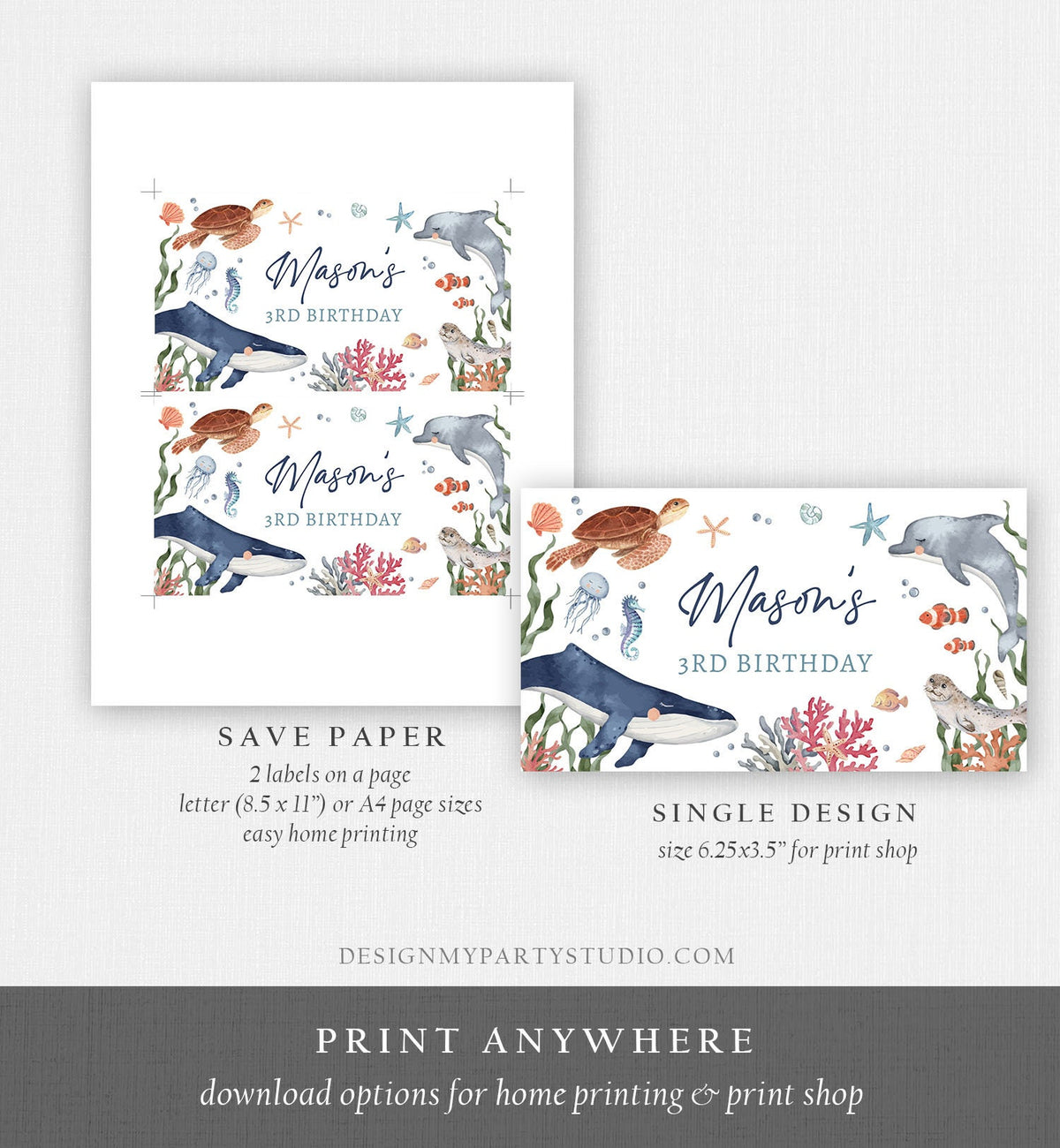 Under the Sea Gable Gift Box Label Sea Ocean Life Girl Boy Birthday Favor Box Whale Turtle Dolphin Digital Download Printable Corjl 0504