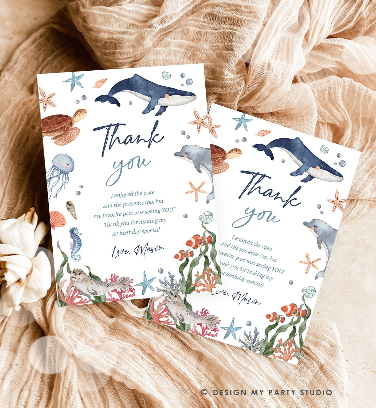 Editable Under the Sea Thank You Card Sea Ocean Animals Life Birthday Thank You Note Whale Turtle Dolphin Digital Template Printable 0504