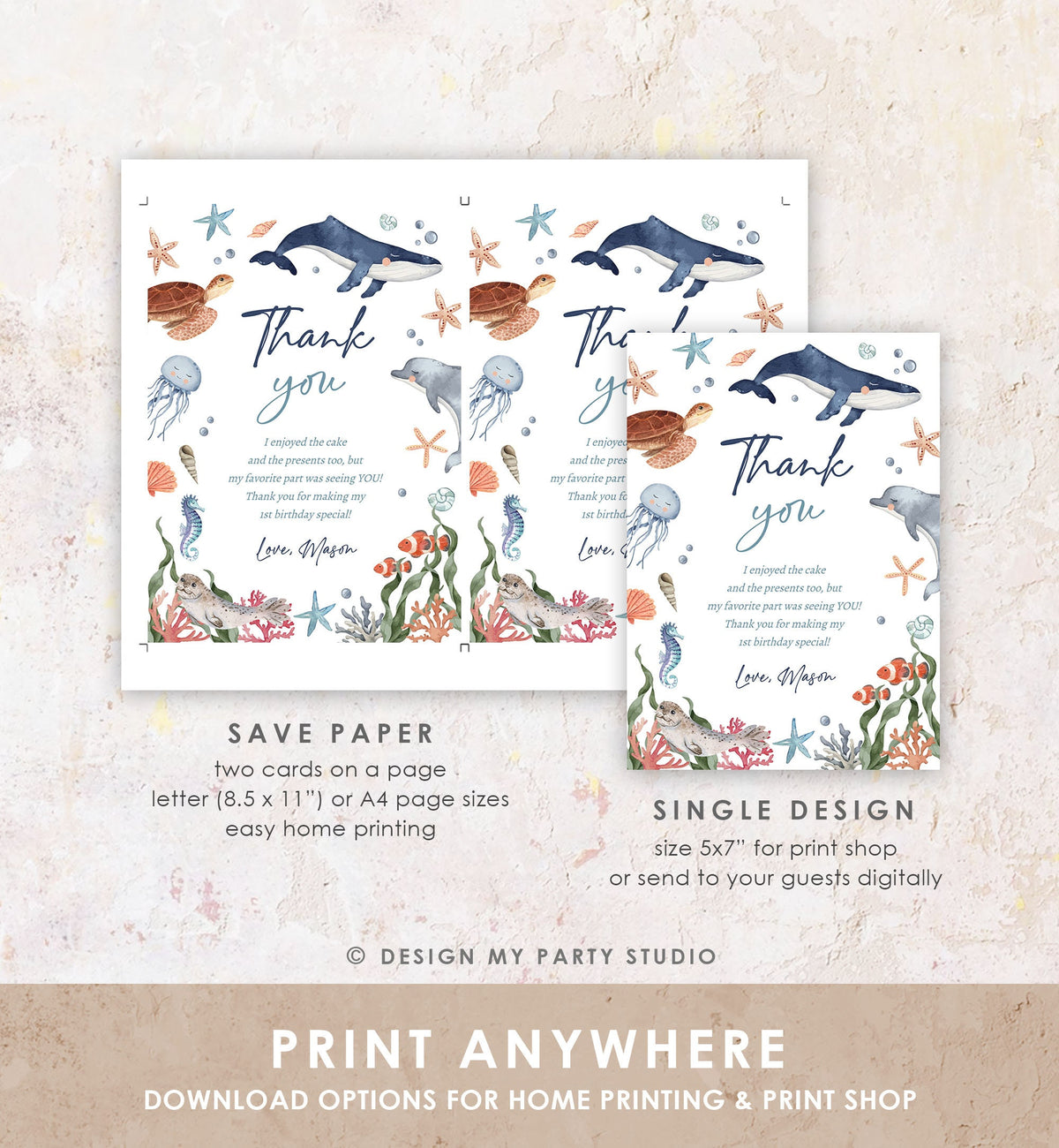 Editable Under the Sea Thank You Card Sea Ocean Animals Life Birthday Thank You Note Whale Turtle Dolphin Digital Template Printable 0504