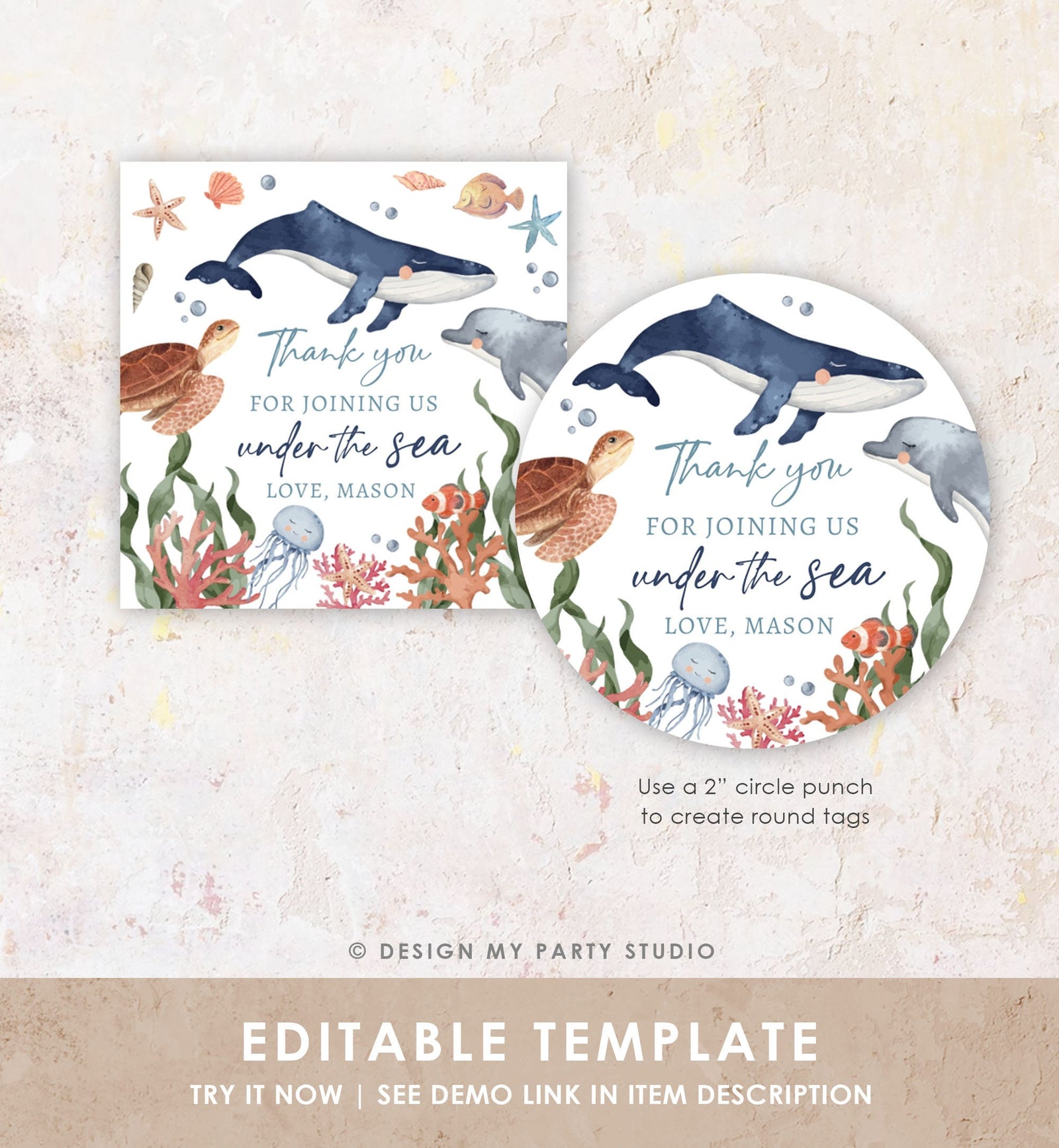 Editable Under the Sea Birthday Favor Tags Sea Ocean Life Animals Thank You Stickers Whale Turtle Dolphin Digital Template Printable 0504