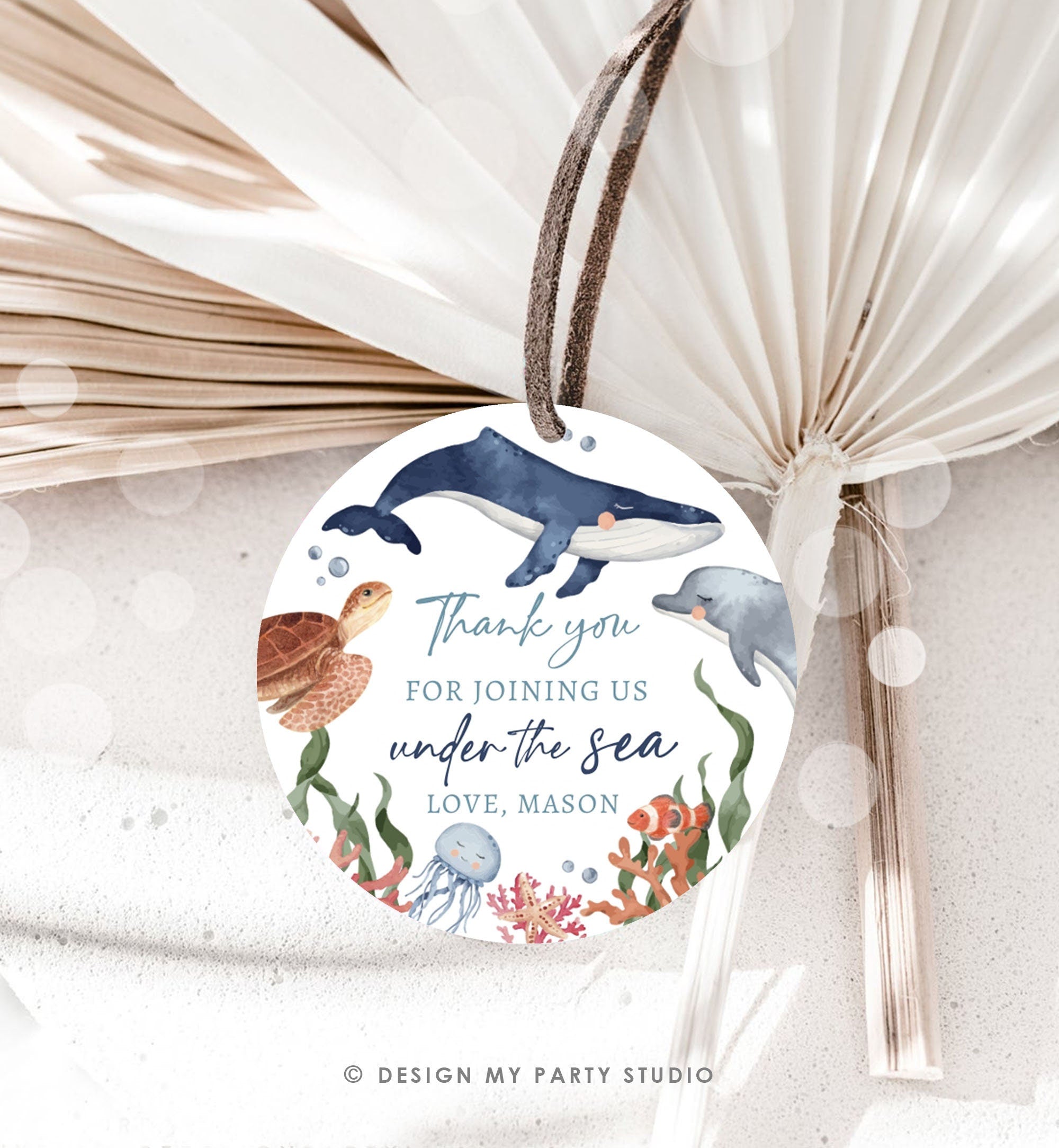 Editable Under the Sea Birthday Favor Tags Sea Ocean Life Animals Thank You Stickers Whale Turtle Dolphin Digital Template Printable 0504
