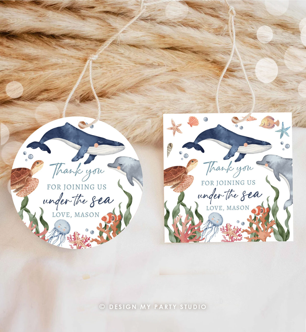 Editable Under the Sea Birthday Favor Tags Sea Ocean Life Animals Thank You Stickers Whale Turtle Dolphin Digital Template Printable 0504
