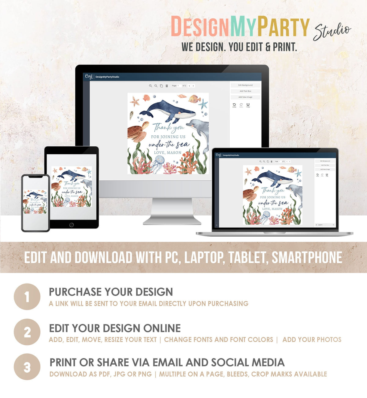 Editable Under the Sea Birthday Favor Tags Sea Ocean Life Animals Thank You Stickers Whale Turtle Dolphin Digital Template Printable 0504