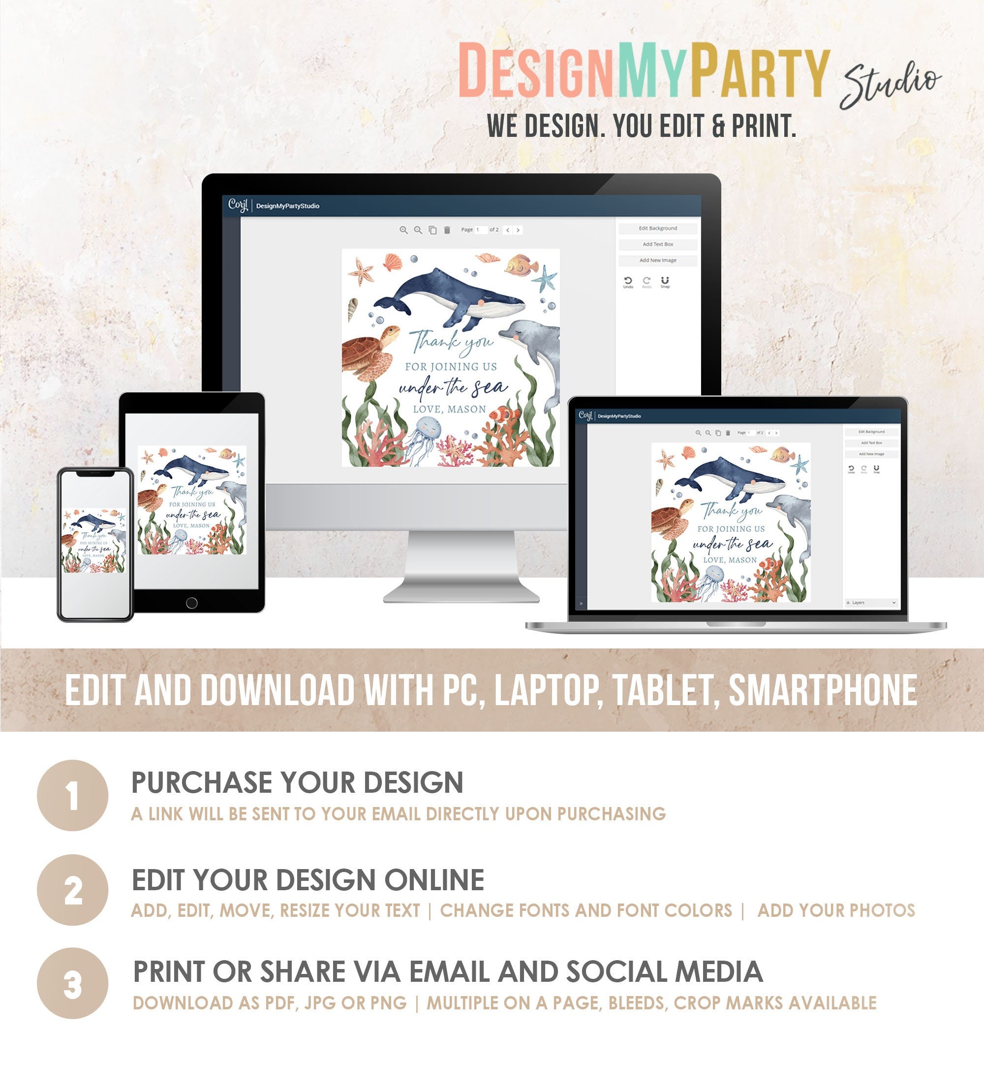 Editable Under the Sea Birthday Favor Tags Sea Ocean Life Animals Thank You Stickers Whale Turtle Dolphin Digital Template Printable 0504