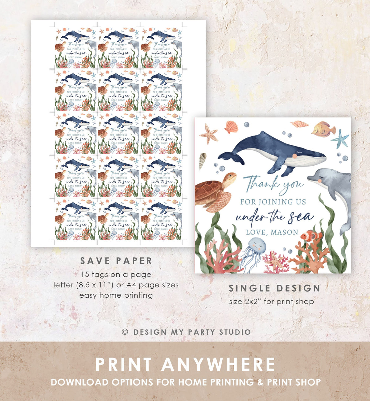 Editable Under the Sea Birthday Favor Tags Sea Ocean Life Animals Thank You Stickers Whale Turtle Dolphin Digital Template Printable 0504