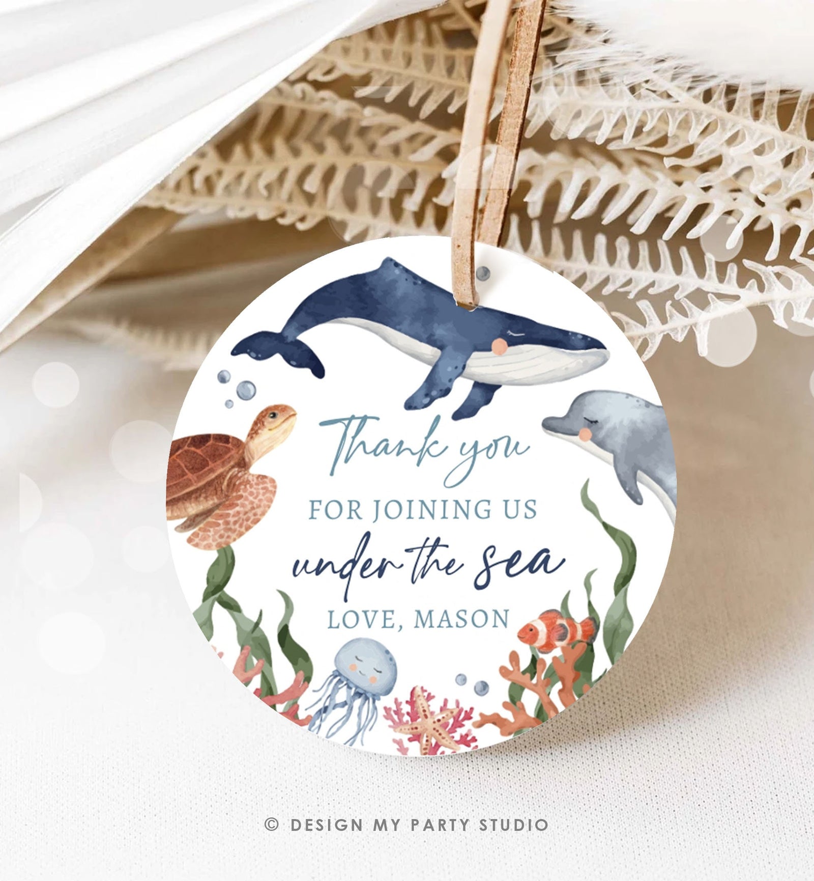 Editable Under the Sea Birthday Favor Tags Sea Ocean Life Animals Thank You Stickers Whale Turtle Dolphin Digital Template Printable 0504