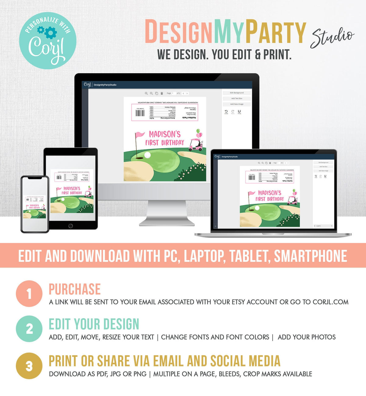 Editable Golf Candy Bar Wrapper Girl Pink Golf Cart Birthday Labels Par-Tee Golfing Party Hole in One Digital Template Printable 0405