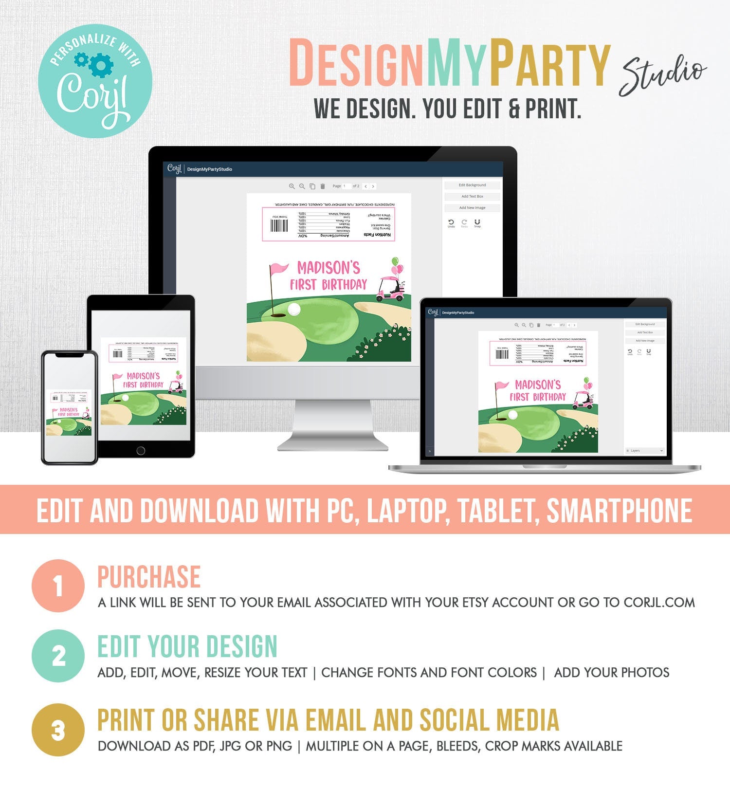 Editable Golf Candy Bar Wrapper Girl Pink Golf Cart Birthday Labels Par-Tee Golfing Party Hole in One Digital Template Printable 0405