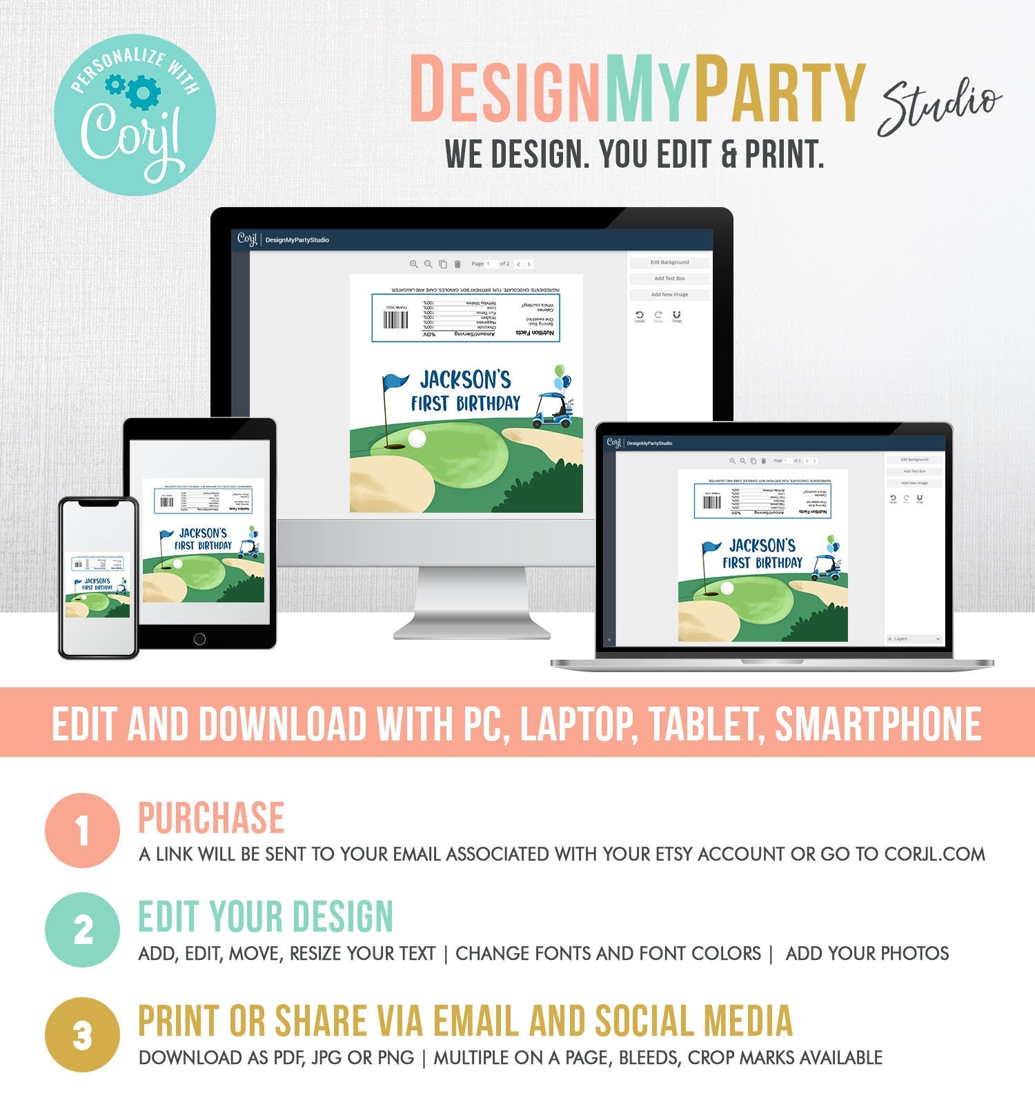 Editable Golf Candy Bar Wrapper Boy Blue Golf Cart Birthday Label Par-Tee Golfing Party Hole in One Digital Download Template Printable 0405