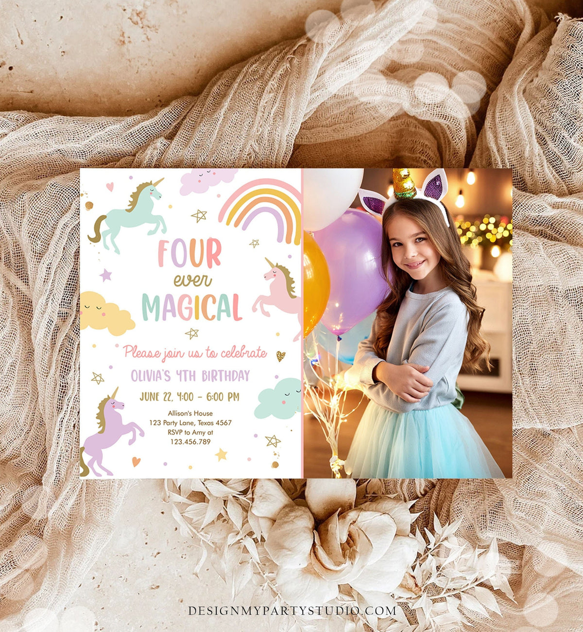 Editable Unicorn 4th Birthday Invitation Four Ever Magical Party Invite Girl Pastel Fourth Birthday Template Rainbow Download Corjl 0426
