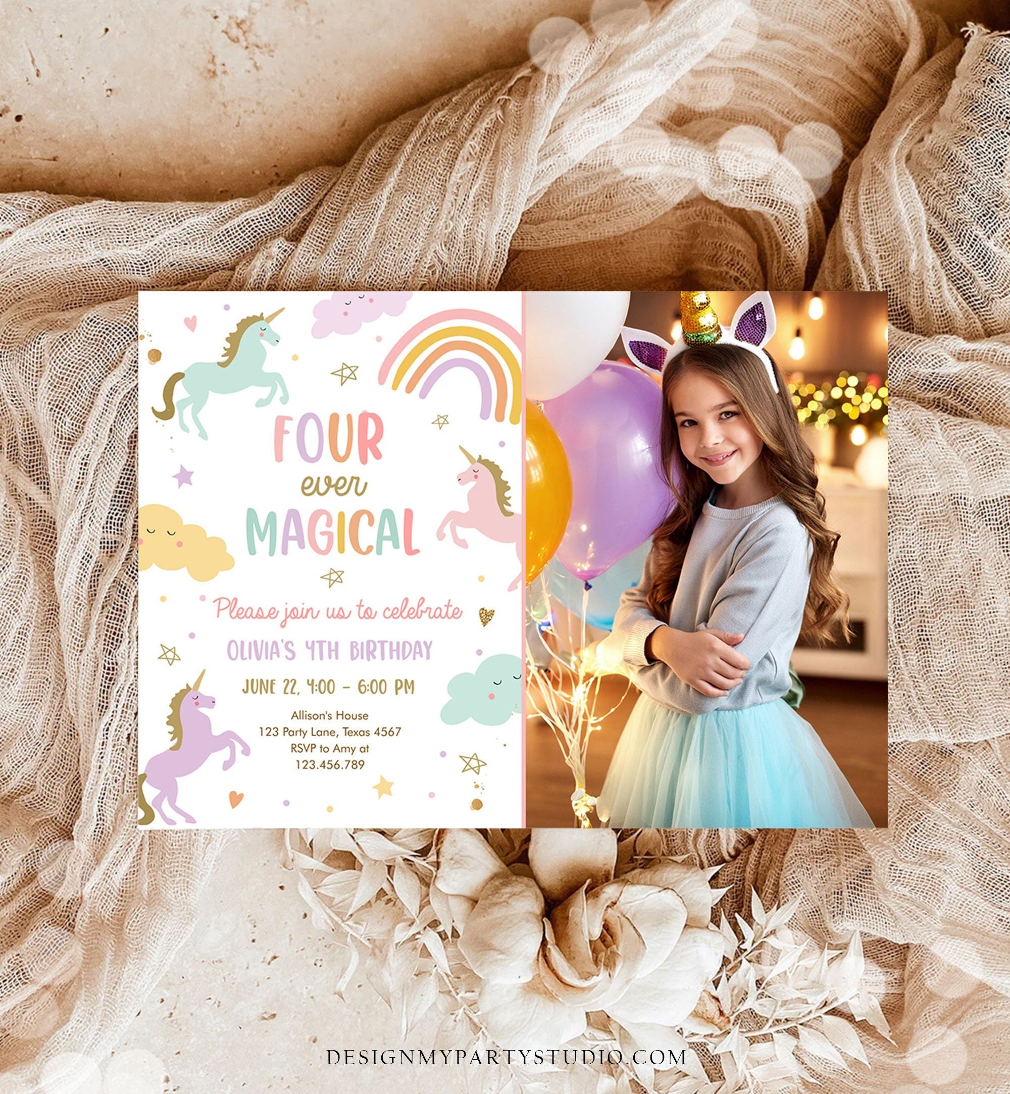 Editable Unicorn 4th Birthday Invitation Four Ever Magical Party Invite Girl Pastel Fourth Birthday Template Rainbow Download Corjl 0426