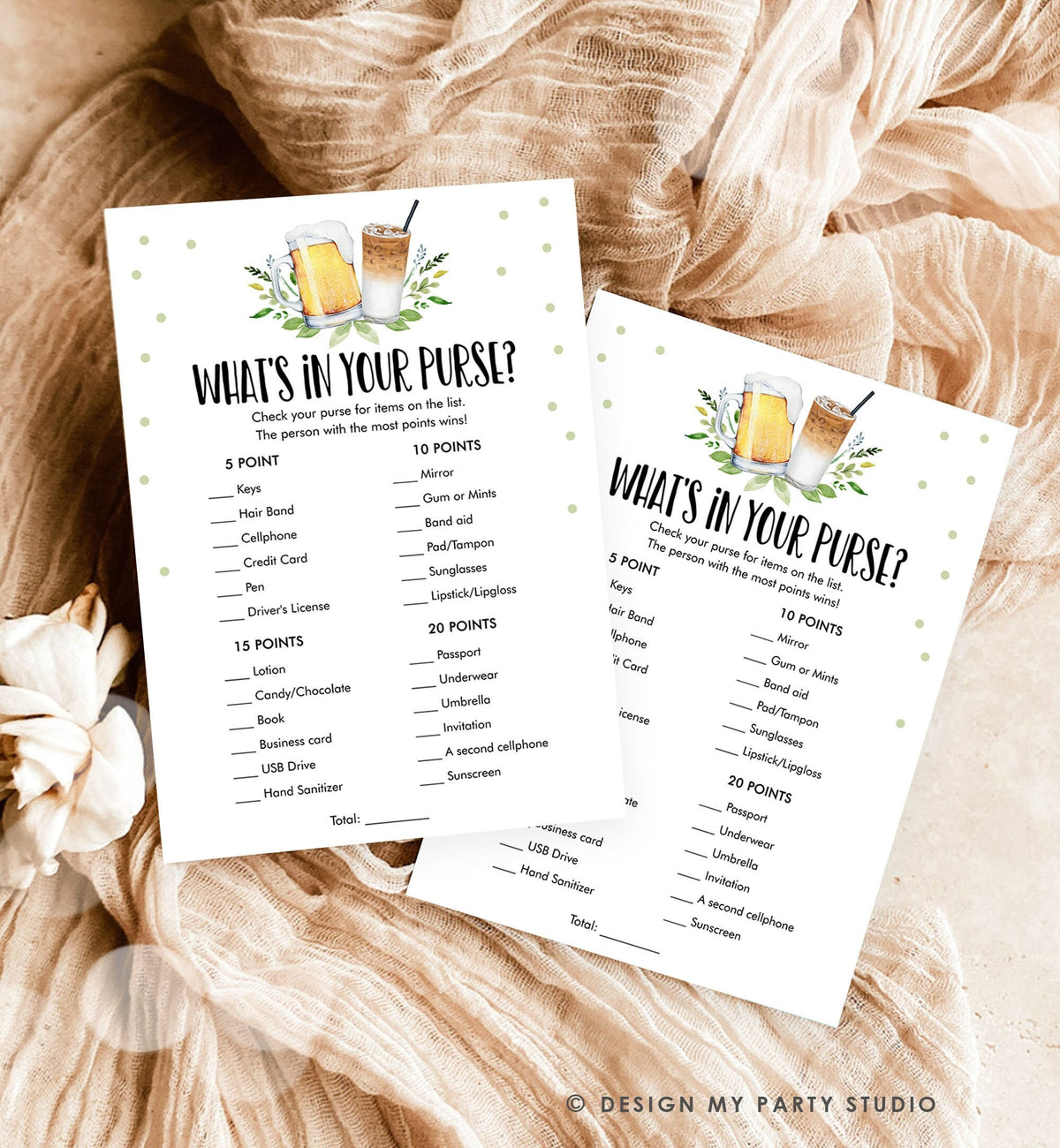 Editable What&#39;s in Your Purse Bridal Shower Game Love is Brewing Cold Brew Wedding Activity Shower Activity Corjl Template Printable 0190