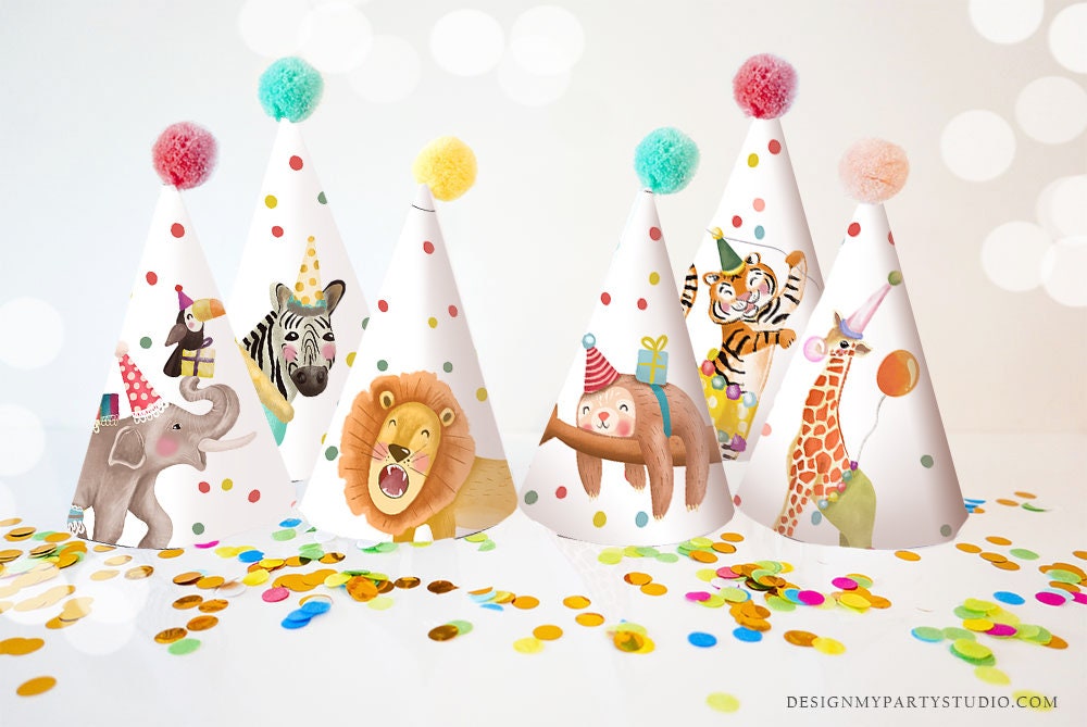 Party Hats Party Animals Birthday Party Birthday Safari Animals Lion Elephant