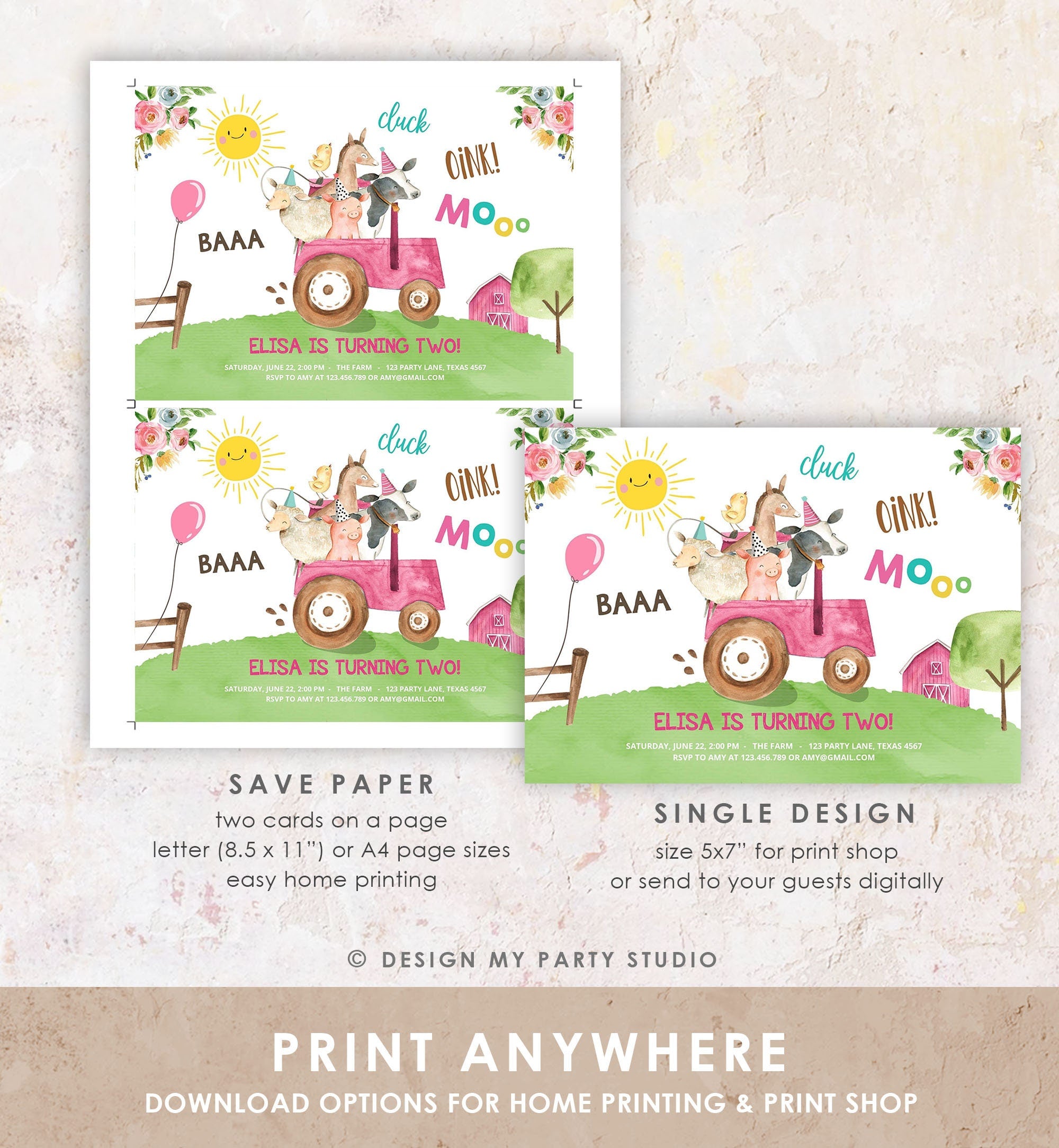 Editable Farm Birthday Invitation Girl Farm Animals Pink Tractor Barnyard Party Tractor Digital Download Evite Template Printable 0155
