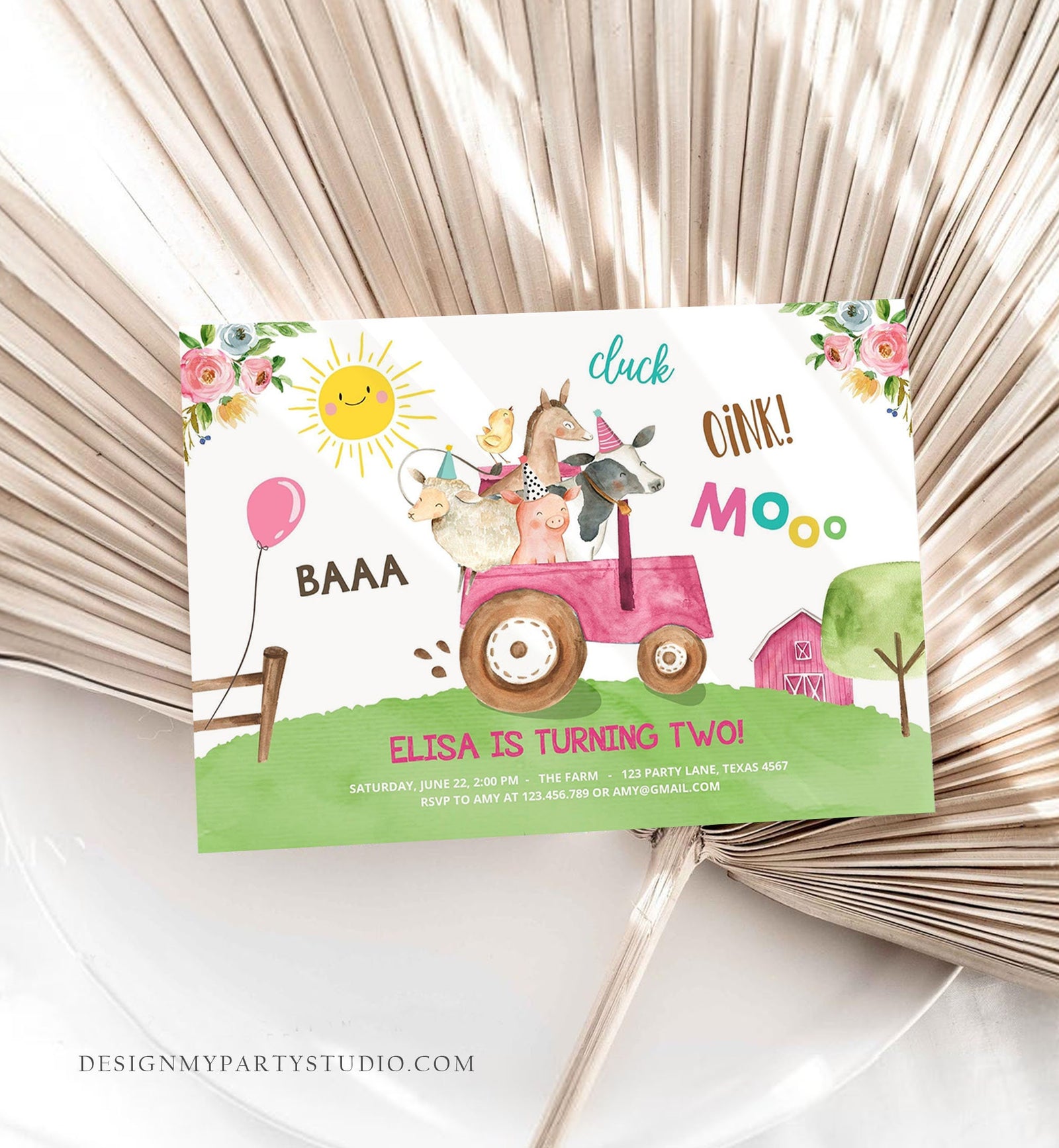 Editable Farm Birthday Invitation Girl Farm Animals Pink Tractor Barnyard Party Tractor Digital Download Evite Template Printable 0155