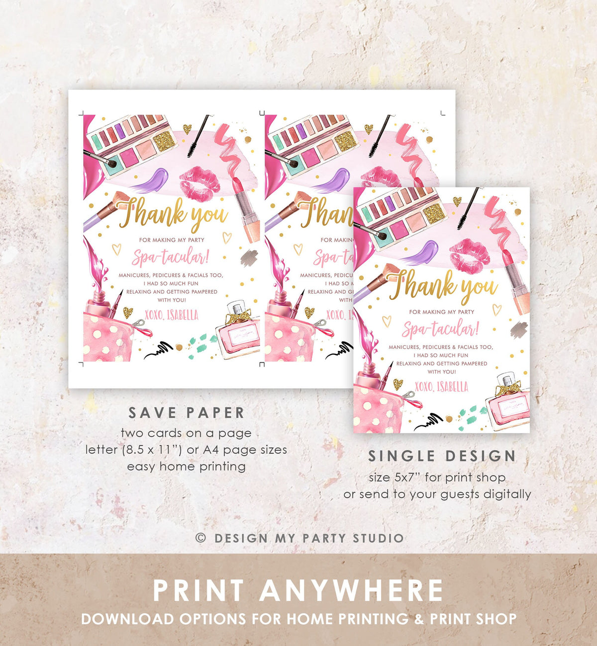 Editable Spa Party Thank You Card Glamour Party Thank You Note Spa Birthday Girl Make Up Party Glam Pink Digital Corjl Template 0420