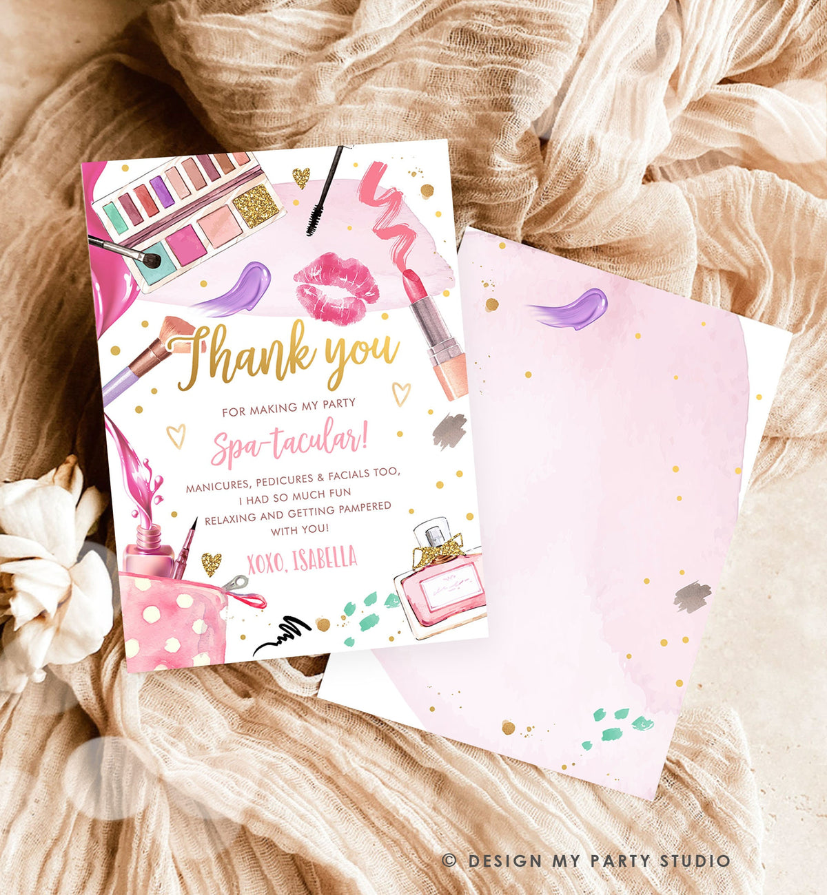 Editable Spa Party Thank You Card Glamour Party Thank You Note Spa Birthday Girl Make Up Party Glam Pink Digital Corjl Template 0420