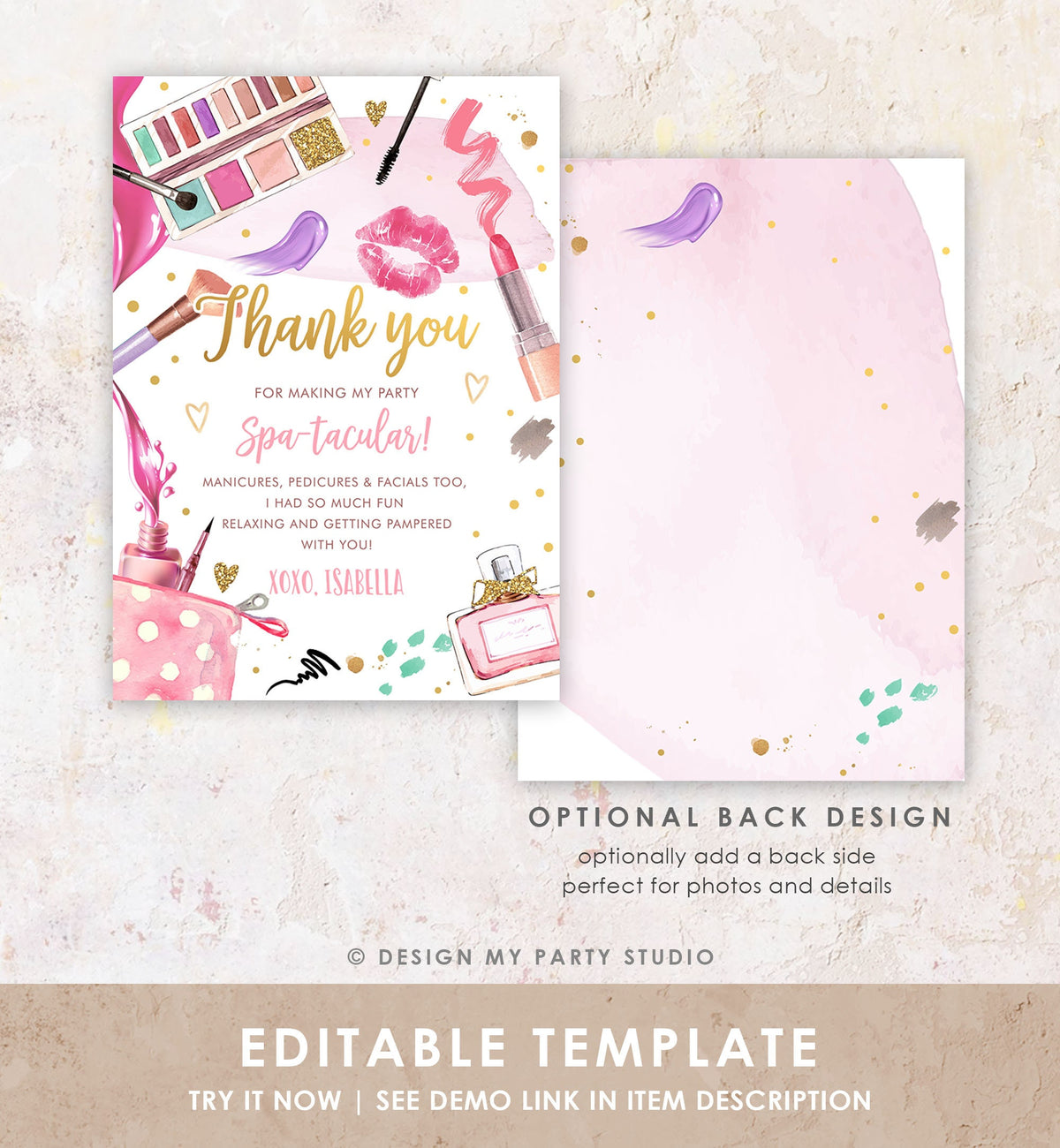 Editable Spa Party Thank You Card Glamour Party Thank You Note Spa Birthday Girl Make Up Party Glam Pink Digital Corjl Template 0420