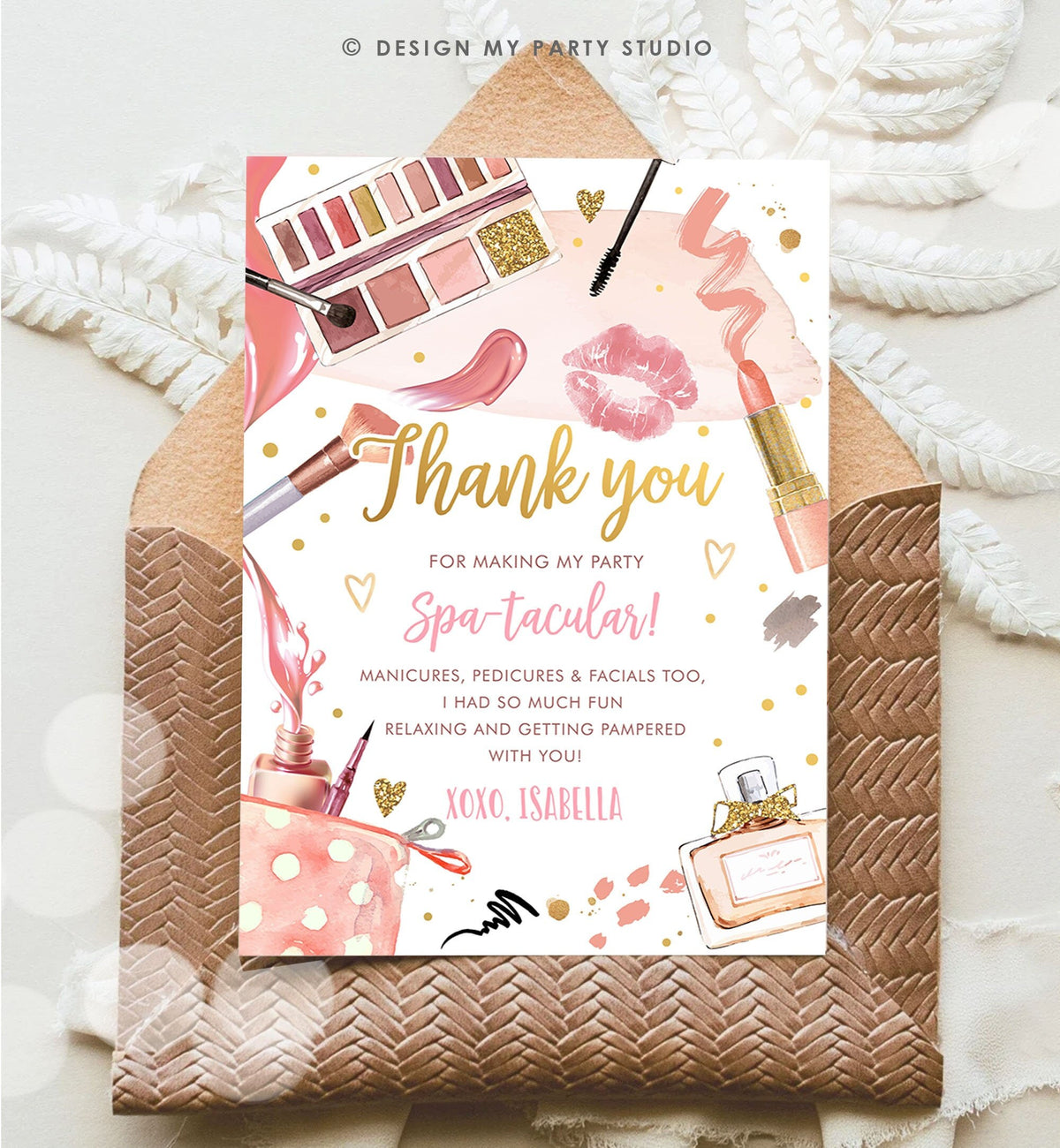 Editable Spa Party Thank You Card Glamour Party Thank You Note Spa Birthday Girl Make Up Party Glam Pink Digital Corjl Template 0420